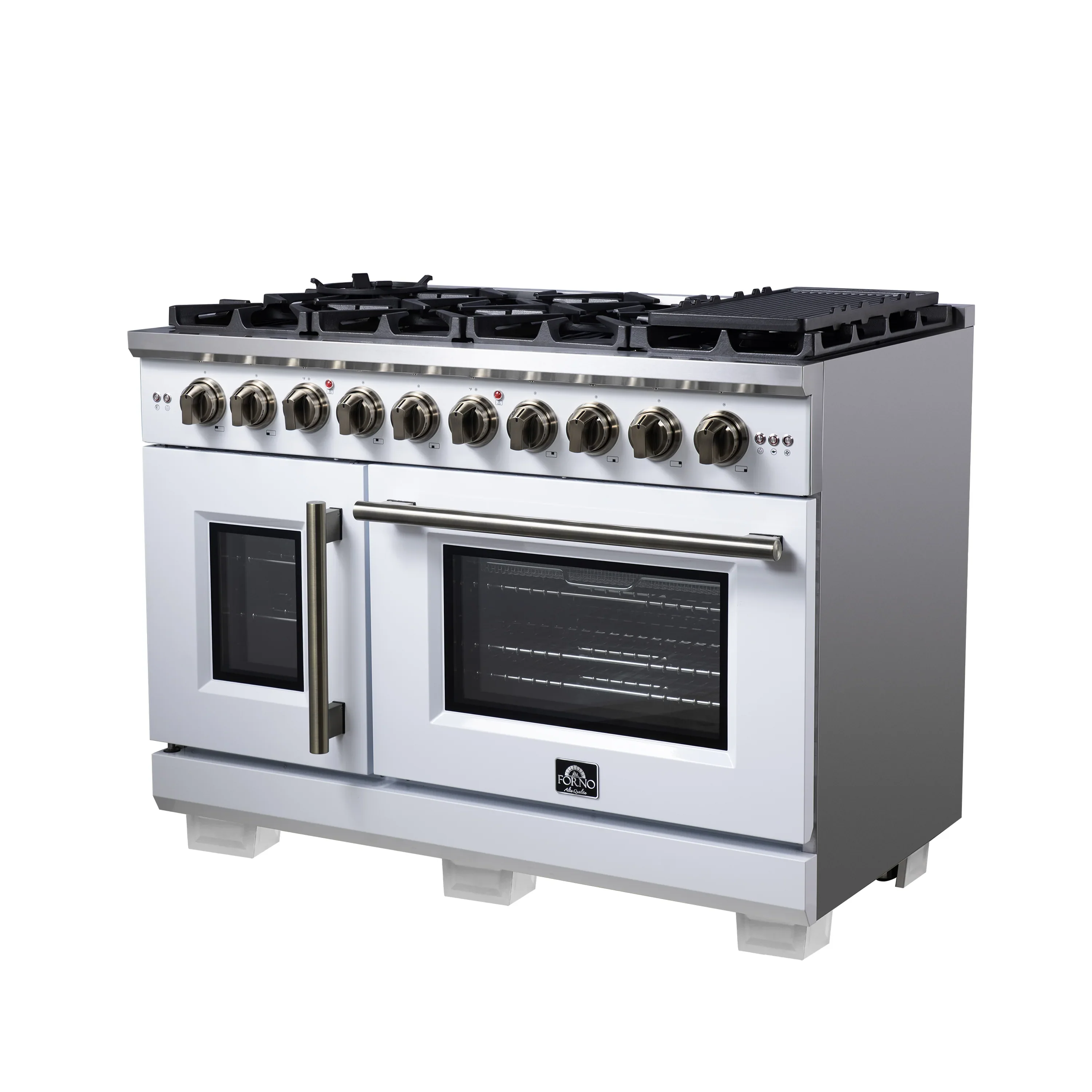 Forno Capriasca 48-Inch Freestanding French Door Gas Range with 8 Burners and 6.58 Cu.Ft. Convection Oven in White with Antique Brass Handle (FFSGS6460-48WHT) - Image 4