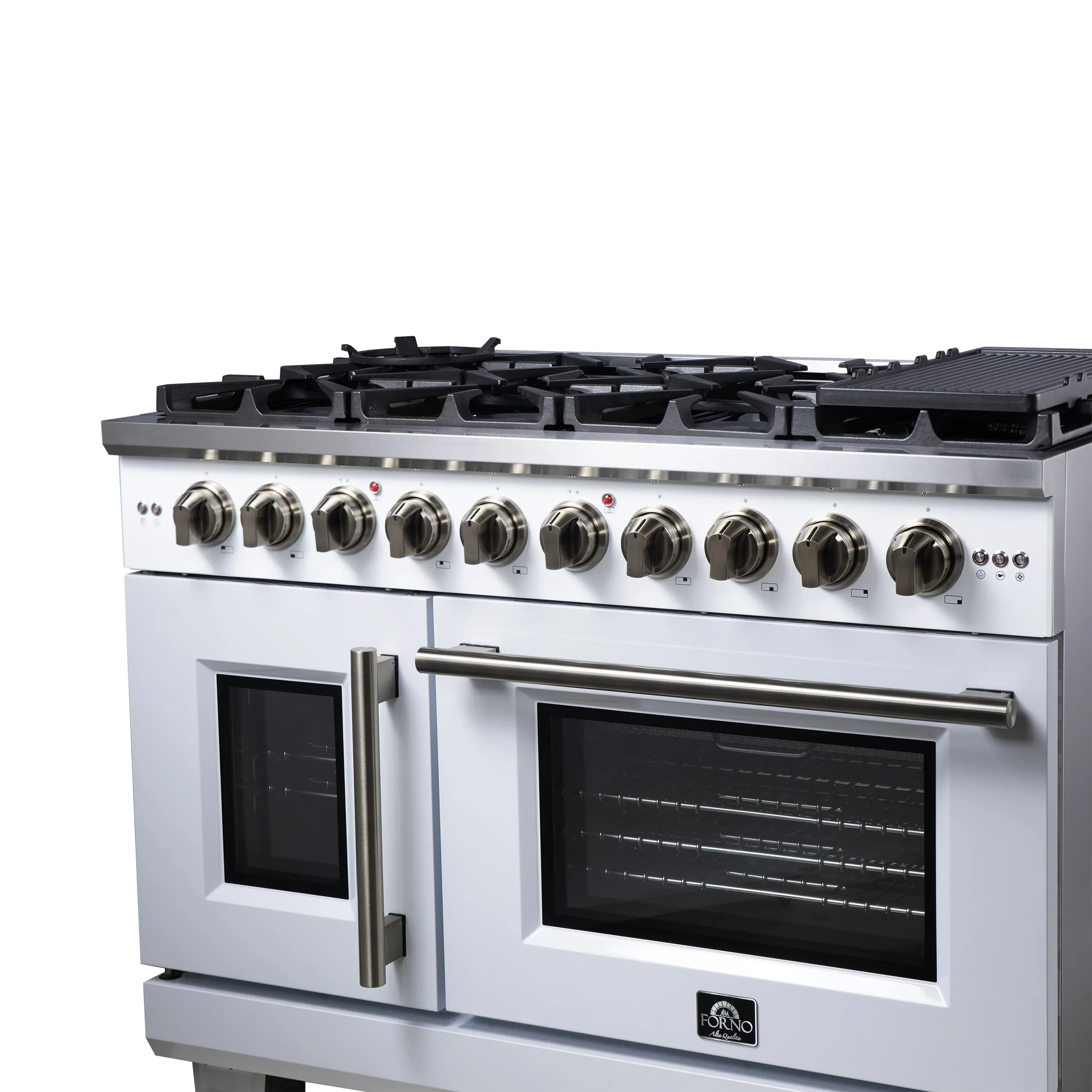 Forno Capriasca 48-Inch Freestanding French Door Gas Range with 8 Burners and 6.58 Cu.Ft. Convection Oven in White with Antique Brass Handle (FFSGS6460-48WHT) - Image 5