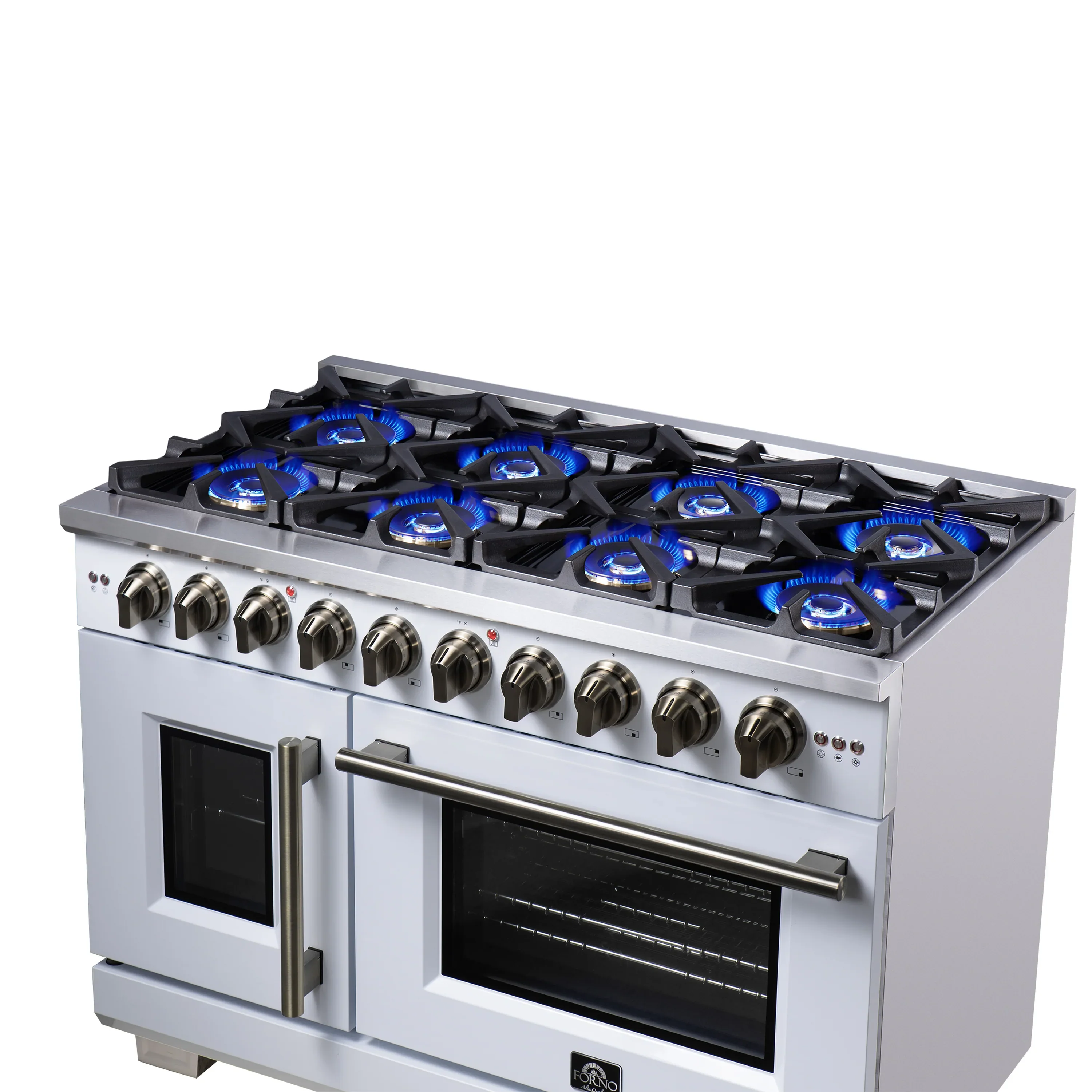 Forno Capriasca 48-Inch Freestanding French Door Gas Range with 8 Burners and 6.58 Cu.Ft. Convection Oven in White with Antique Brass Handle (FFSGS6460-48WHT) - Image 6