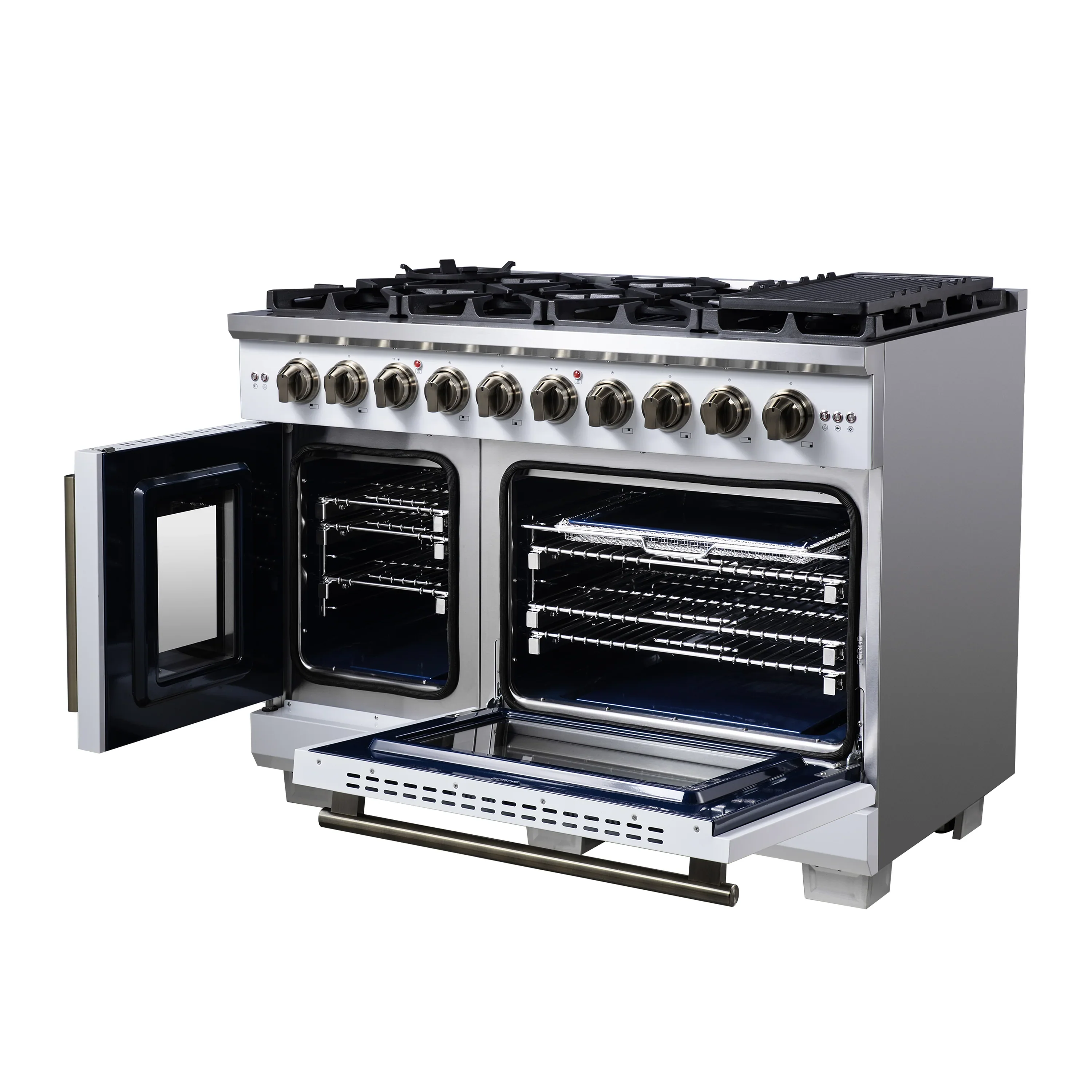 Forno Capriasca 48-Inch Freestanding French Door Gas Range with 8 Burners and 6.58 Cu.Ft. Convection Oven in White with Antique Brass Handle (FFSGS6460-48WHT) - Image 8