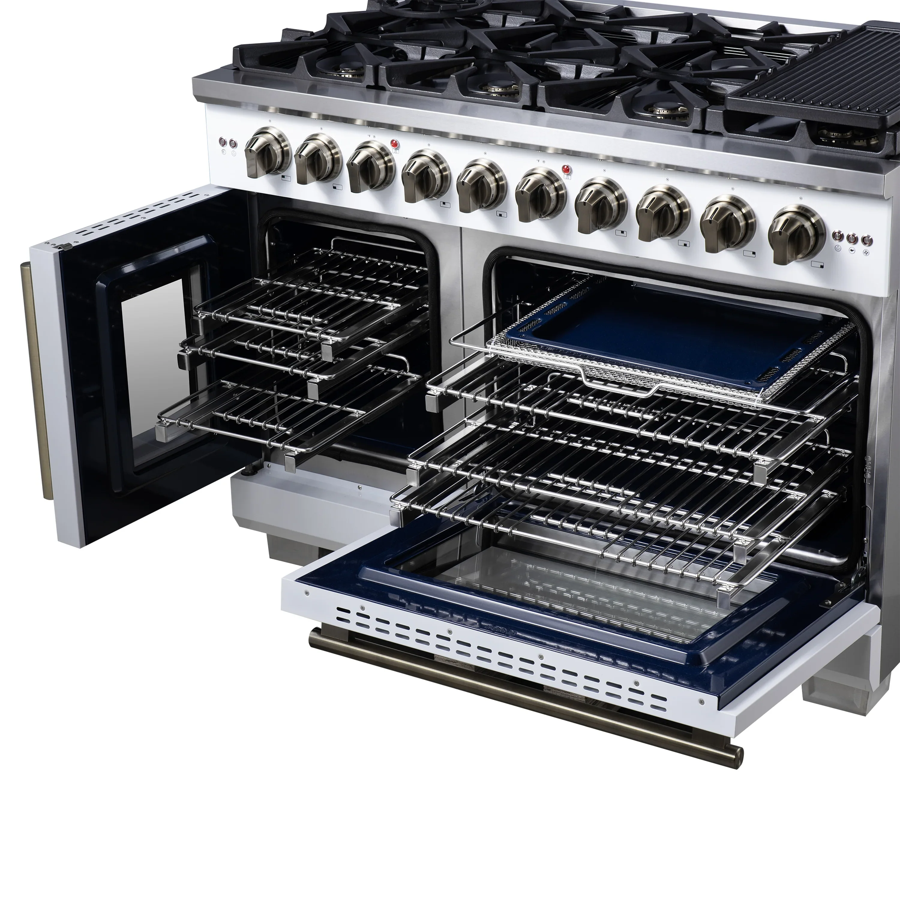 Forno Capriasca 48-Inch Freestanding French Door Gas Range with 8 Burners and 6.58 Cu.Ft. Convection Oven in White with Antique Brass Handle (FFSGS6460-48WHT) - Image 9