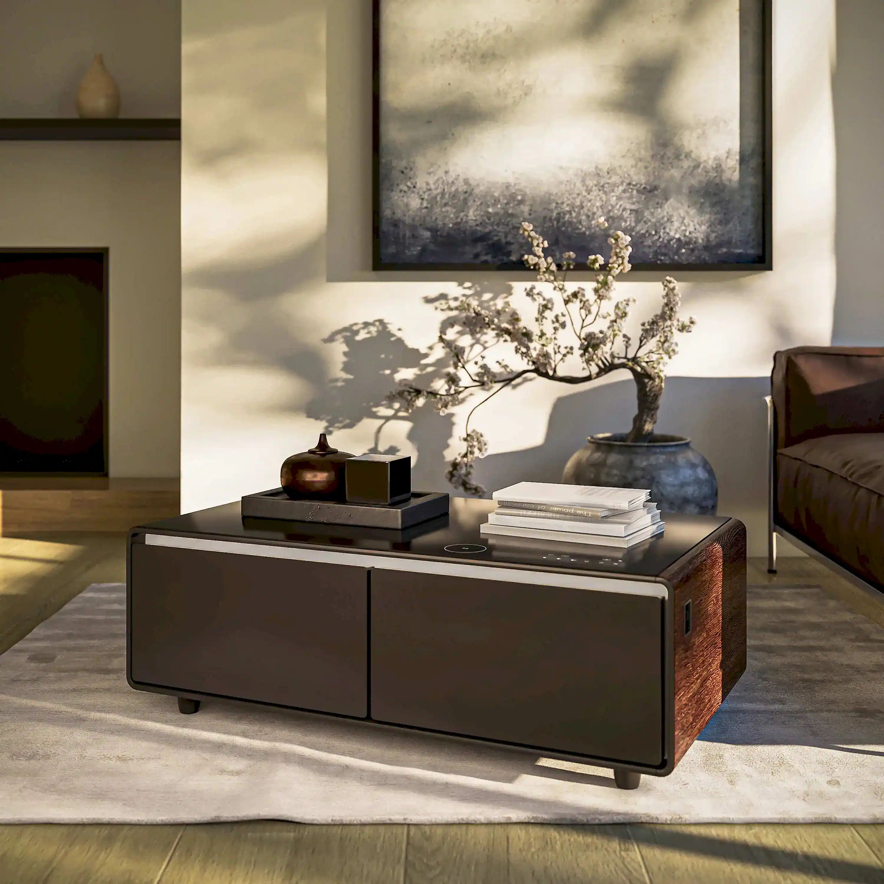 Forno Evoluto Tavolo 51-Inch Smart Coffee Table Refrigerators - Dual Cooling Zones, Wireless Charging Pad & Built-In Bluetooth Speakers, with Wood Accent Sides (FCTFR7006-51WD) - Image 3