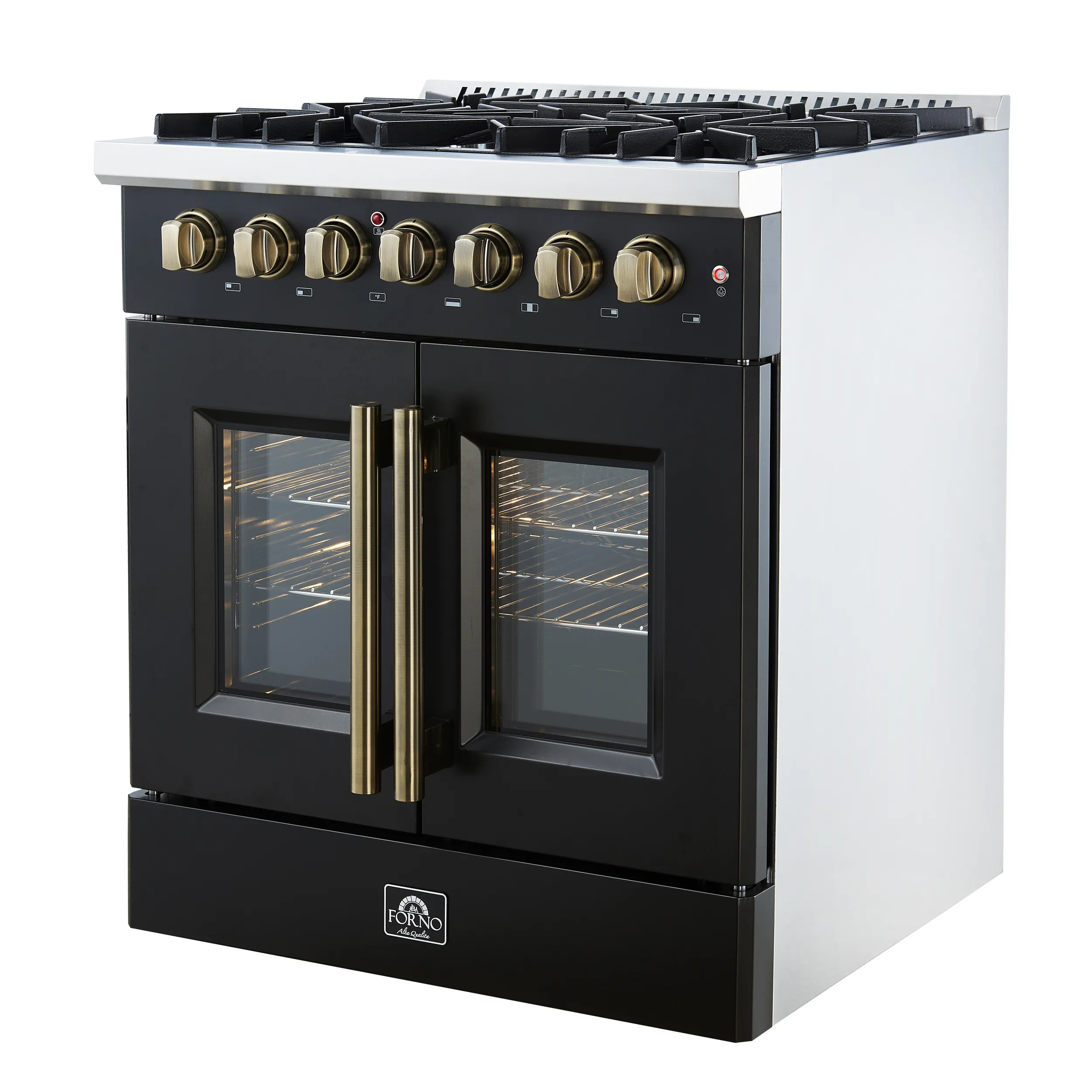 Forno Galiano 30-Inch French Door Dual Fuel Range with 5 Gas Burners and 4.32 Cu.Ft. Electric Convection Oven in Black with Antique Brass Trim (FFSGS6356-30BLK) - Image 11