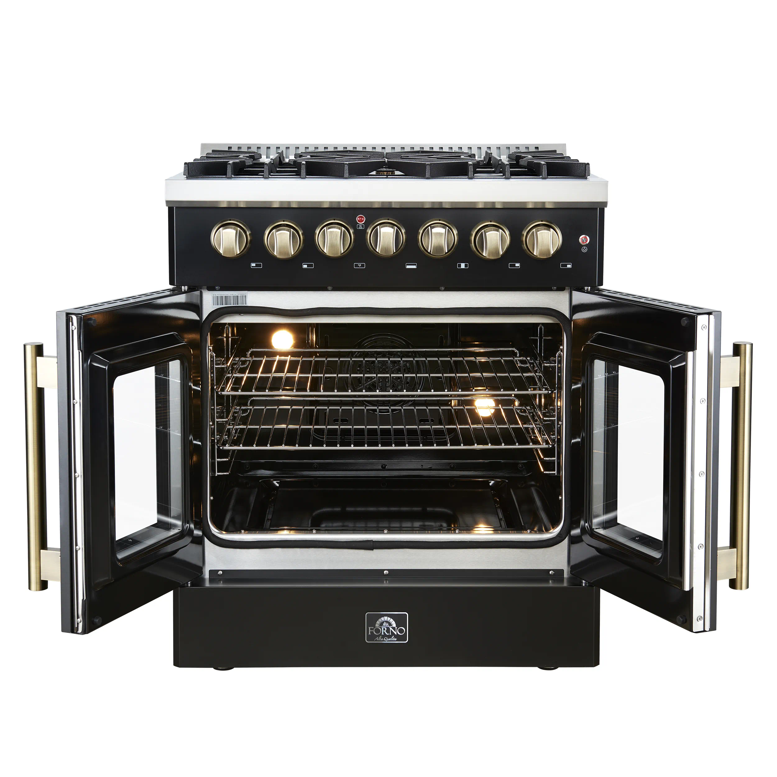 Forno Galiano 30-Inch French Door Dual Fuel Range with 5 Gas Burners and 4.32 Cu.Ft. Electric Convection Oven in Black with Antique Brass Trim (FFSGS6356-30BLK) - Image 2