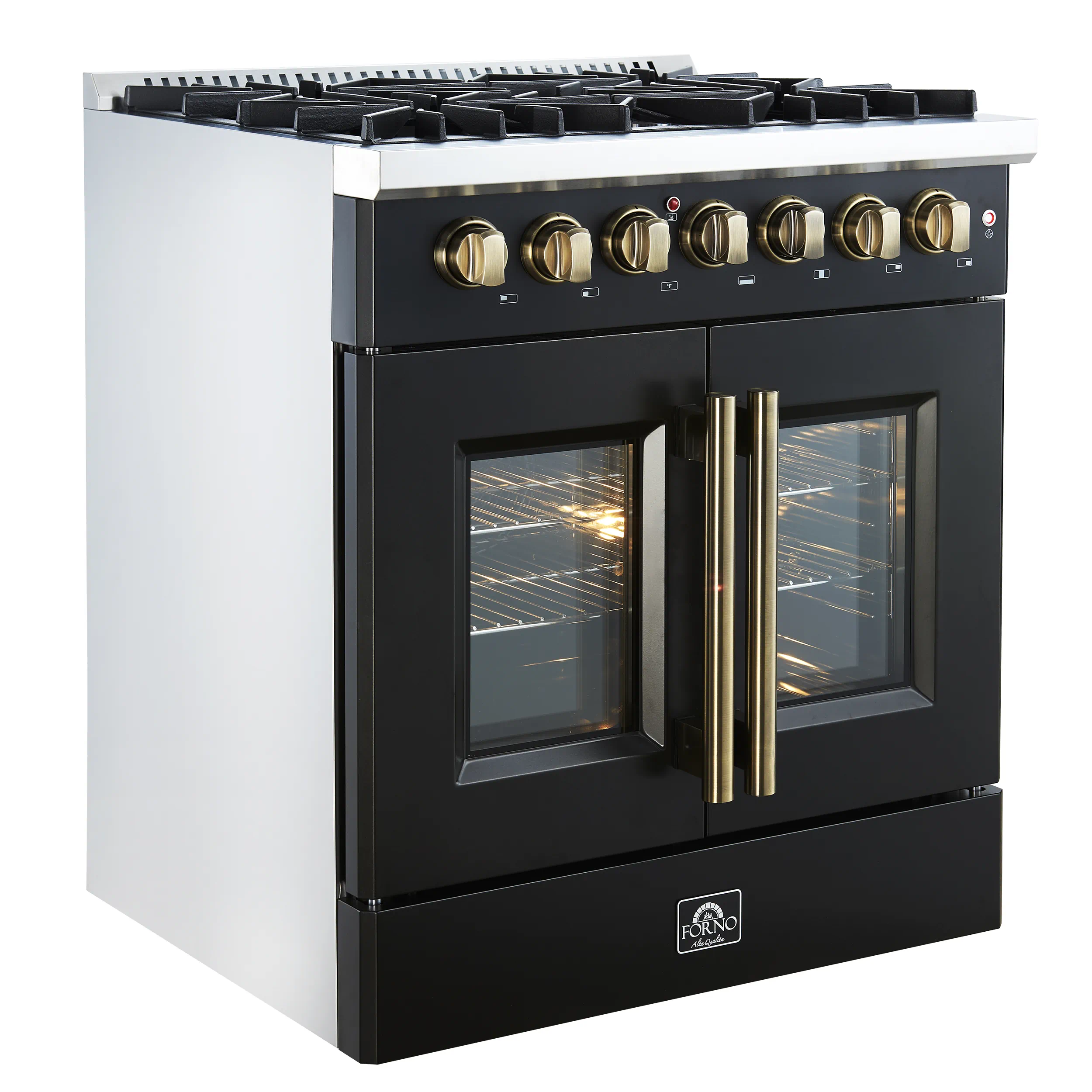 Forno Galiano 30-Inch French Door Dual Fuel Range with 5 Gas Burners and 4.32 Cu.Ft. Electric Convection Oven in Black with Antique Brass Trim (FFSGS6356-30BLK) - Image 6