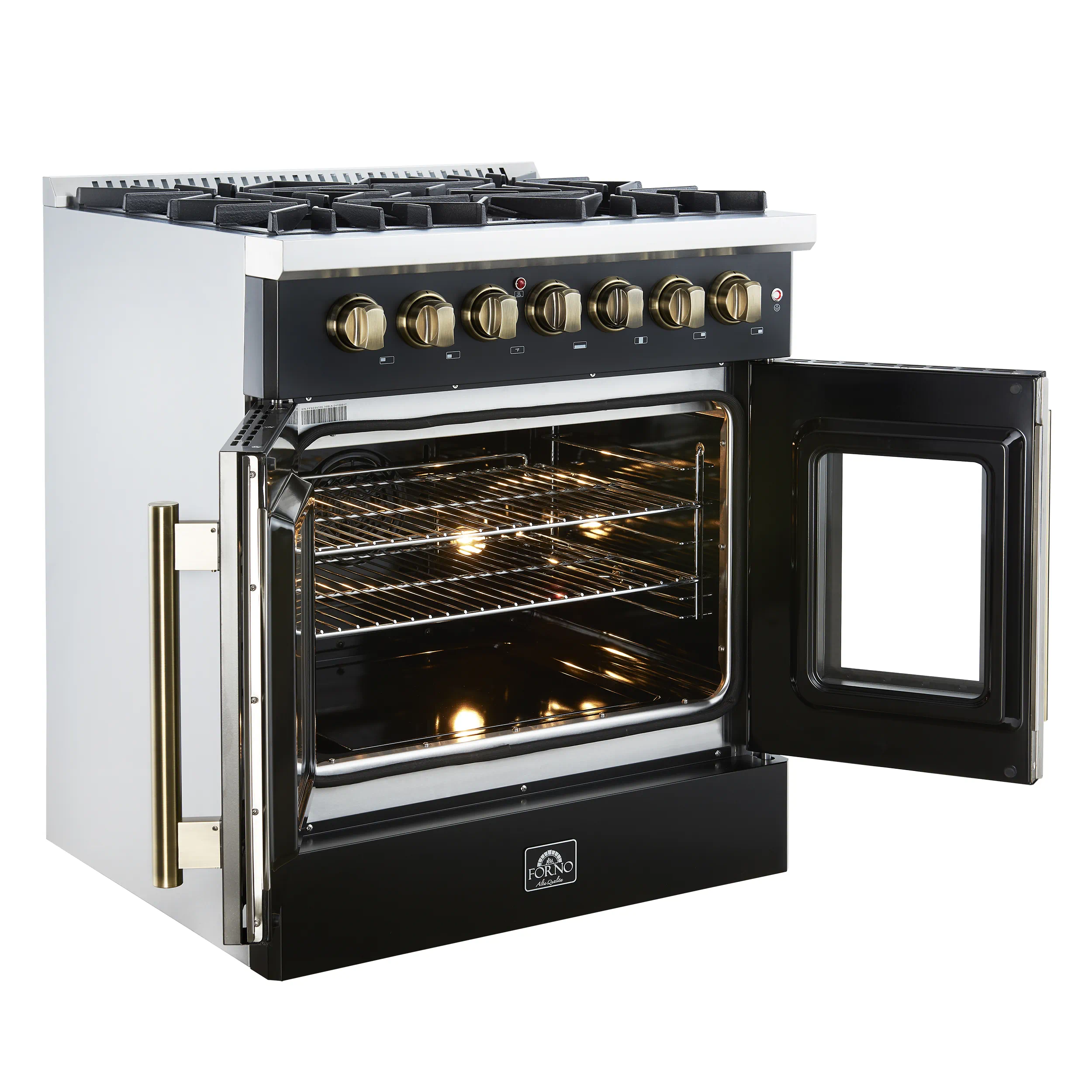 Forno Galiano 30-Inch French Door Dual Fuel Range with 5 Gas Burners and 4.32 Cu.Ft. Electric Convection Oven in Black with Antique Brass Trim (FFSGS6356-30BLK) - Image 7