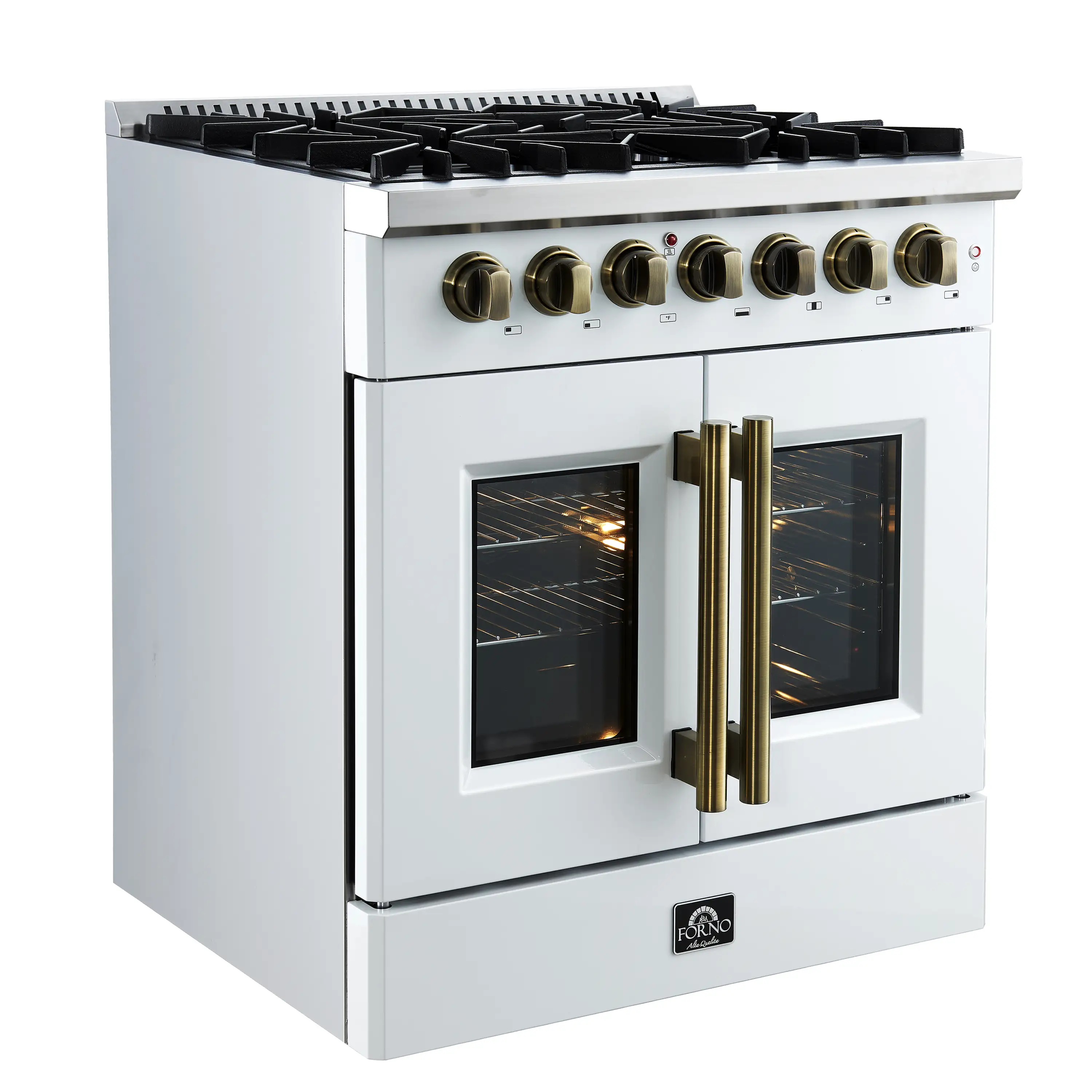 Forno Galiano 30-Inch French Door Dual Fuel Range with 5 Gas Burners and 4.32 Cu.Ft. Electric Convection Oven in White with Antique Brass Trim (FFSGS6356-30WHT) - Image 2