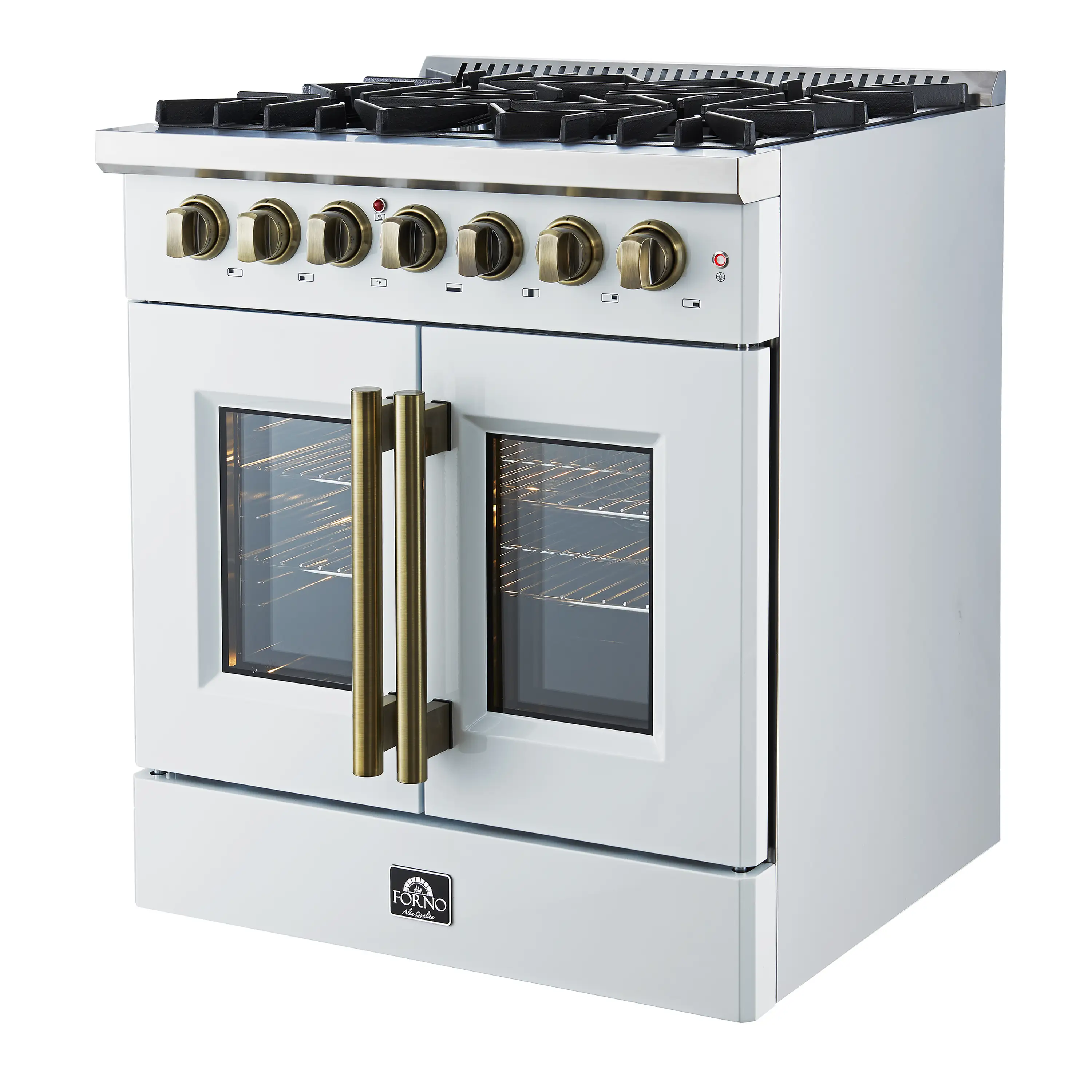 Forno Galiano 30-Inch French Door Dual Fuel Range with 5 Gas Burners and 4.32 Cu.Ft. Electric Convection Oven in White with Antique Brass Trim (FFSGS6356-30WHT) - Image 3