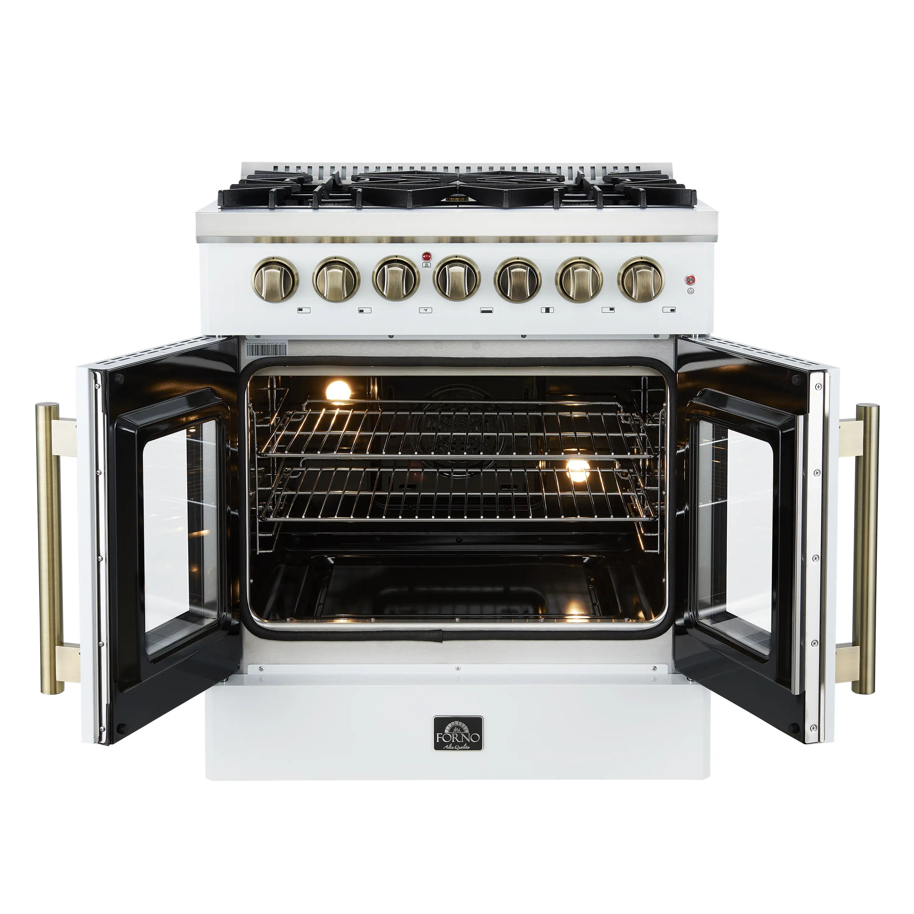 Forno Galiano 30-Inch French Door Dual Fuel Range with 5 Gas Burners and 4.32 Cu.Ft. Electric Convection Oven in White with Antique Brass Trim (FFSGS6356-30WHT) - Image 4