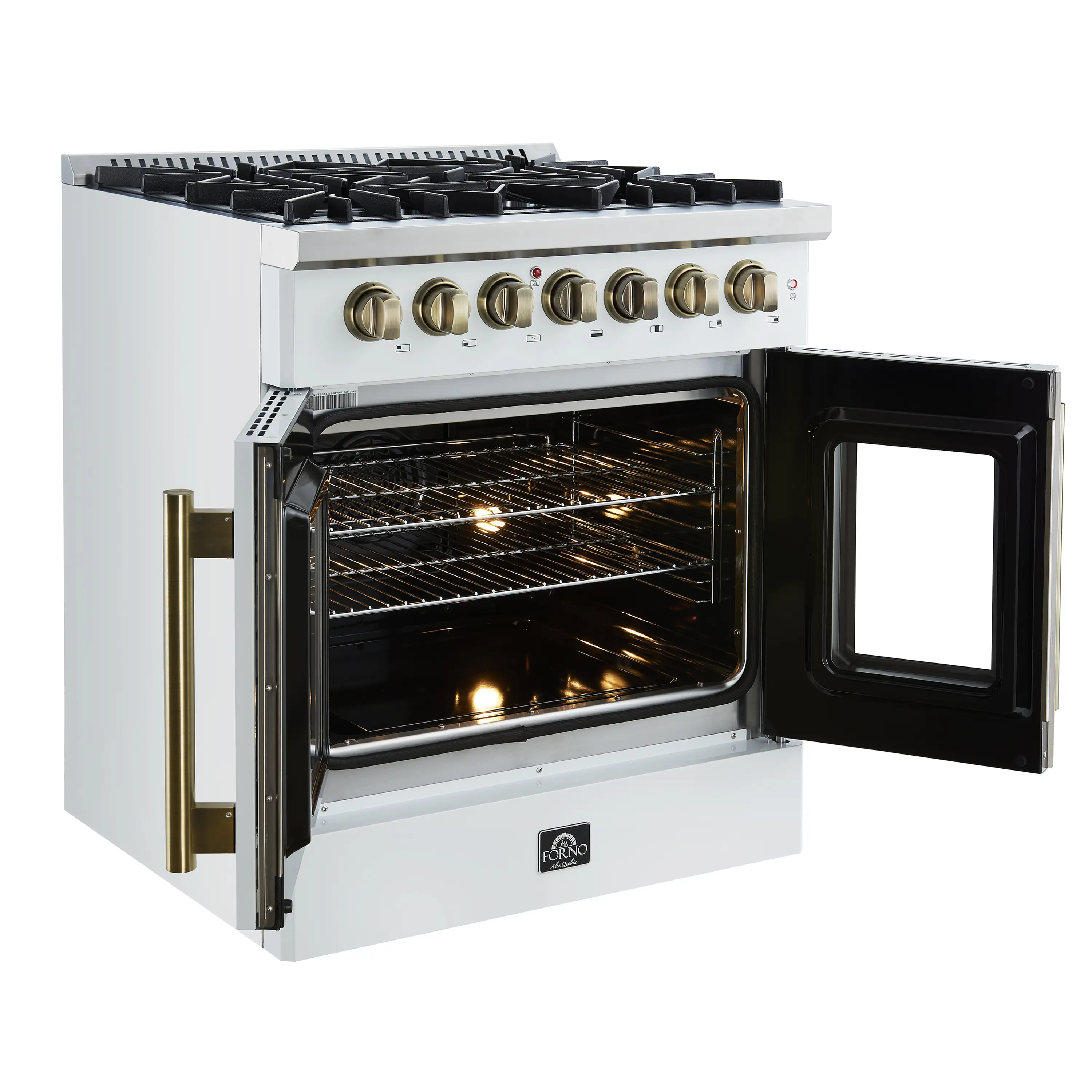 Forno Galiano 30-Inch French Door Dual Fuel Range with 5 Gas Burners and 4.32 Cu.Ft. Electric Convection Oven in White with Antique Brass Trim (FFSGS6356-30WHT) - Image 5
