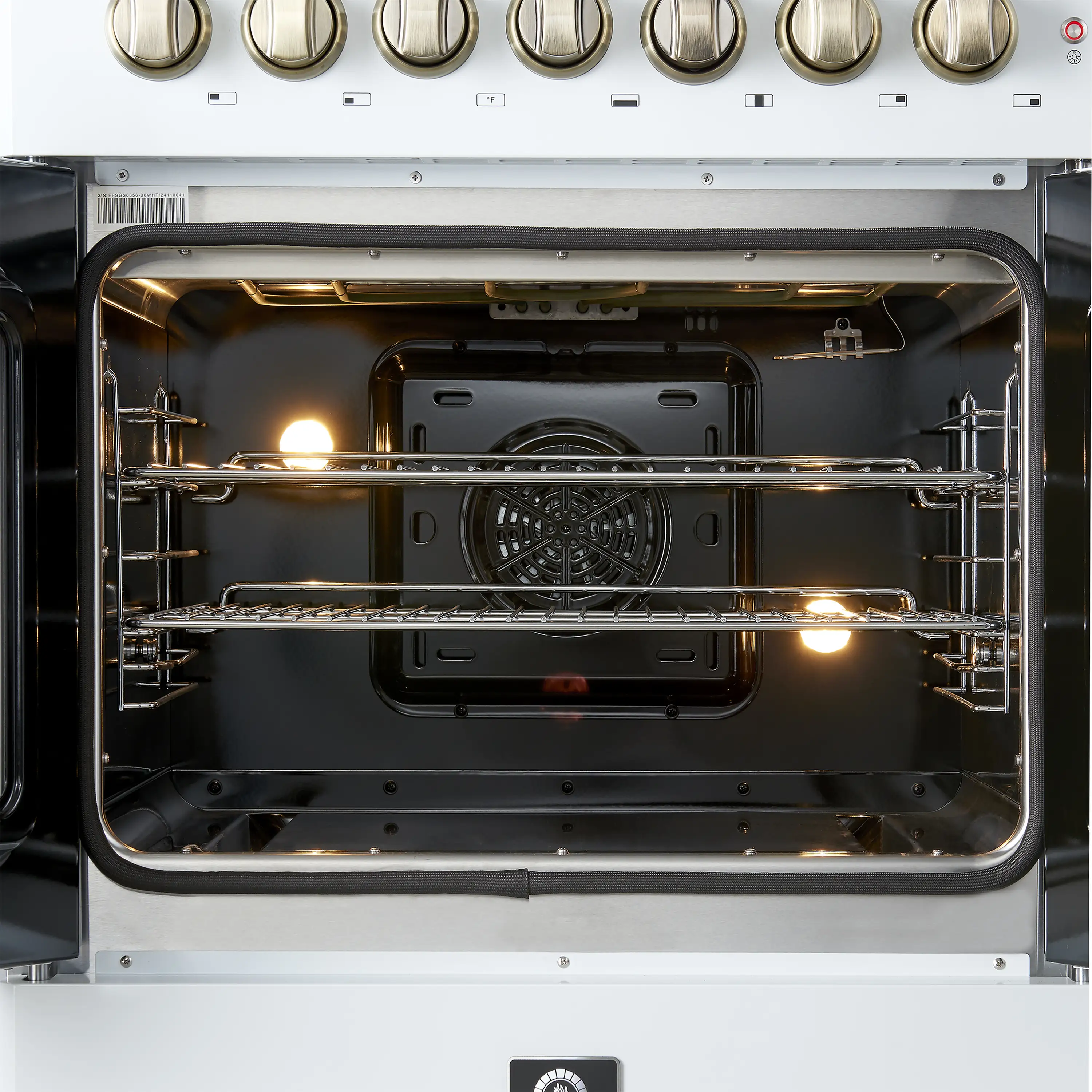 Forno Galiano 30-Inch French Door Dual Fuel Range with 5 Gas Burners and 4.32 Cu.Ft. Electric Convection Oven in White with Antique Brass Trim (FFSGS6356-30WHT) - Image 7