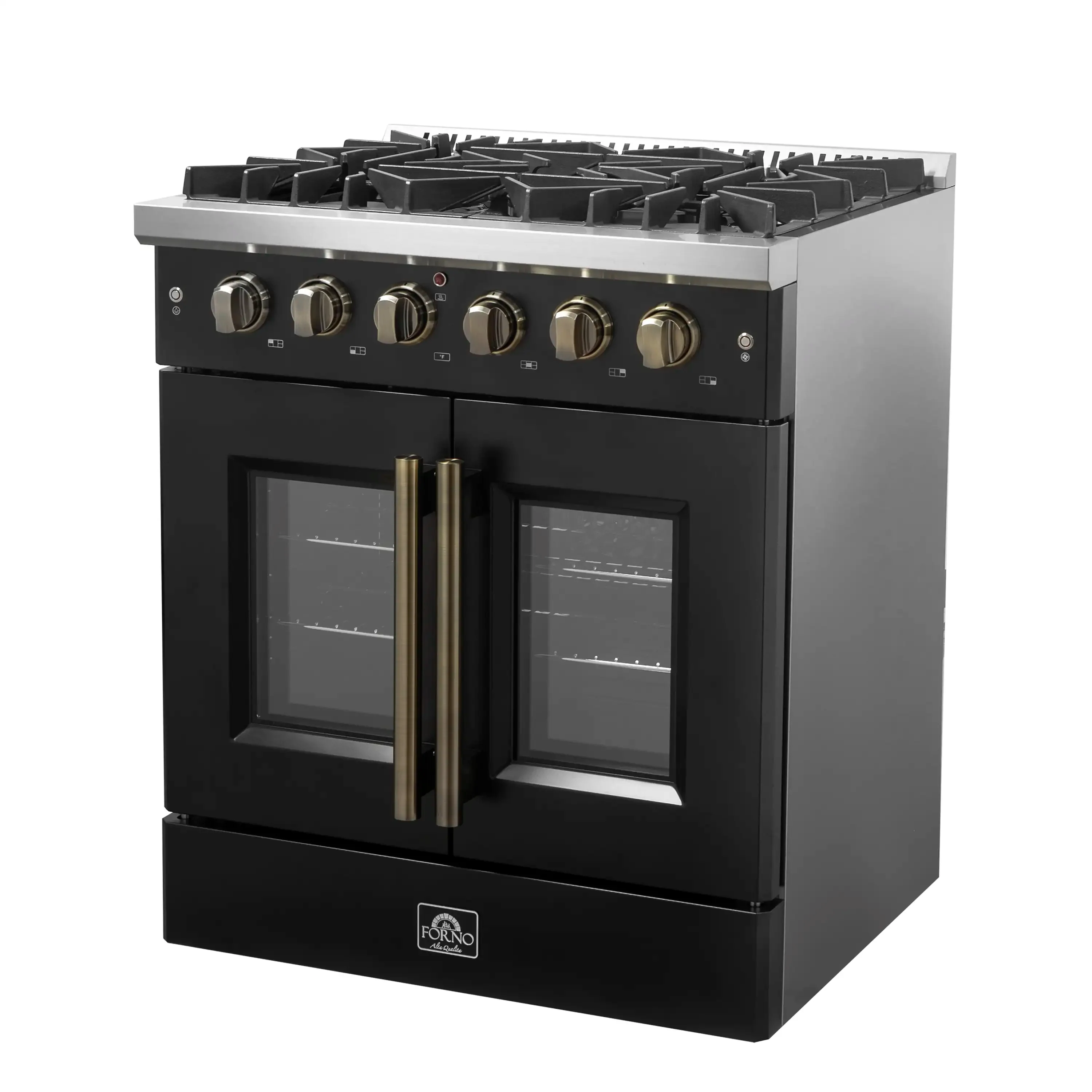 Forno Galiano 30-Inch French Door Gas Range with 5 Burners and 4.32 Cu.Ft. Convection Oven in Black with Antique Brass Trim (FFSGS6444-30BLK) - Image 14