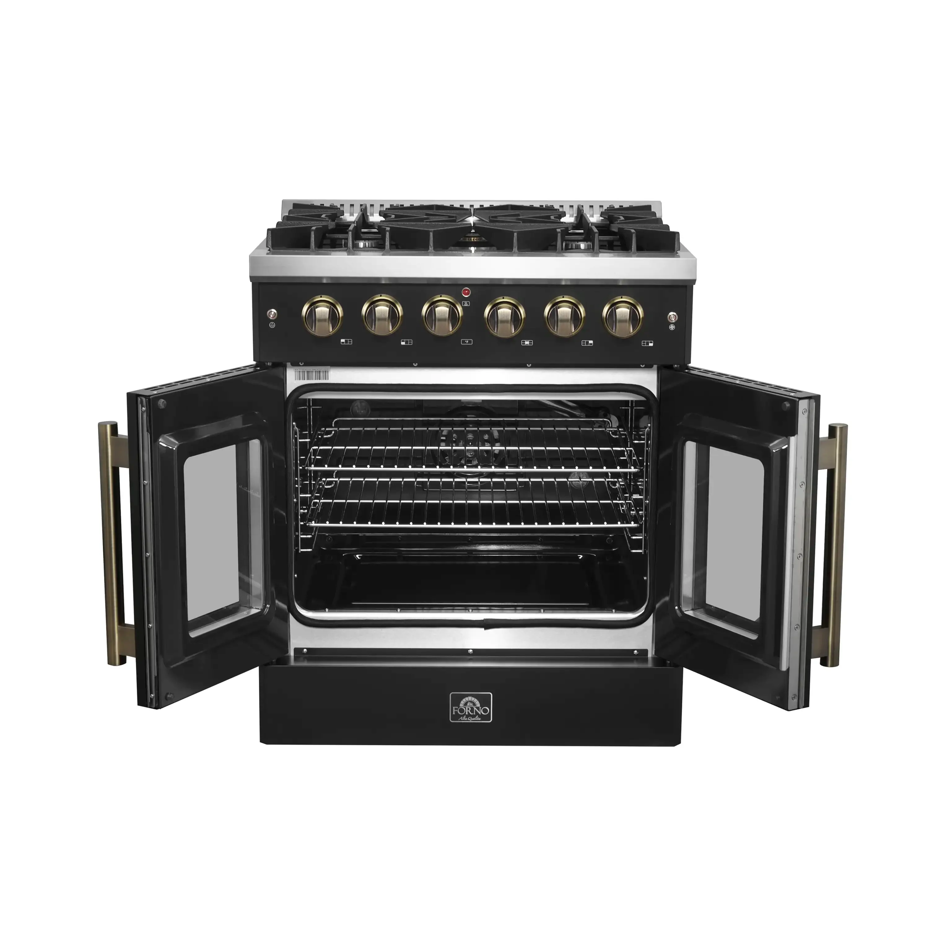 Forno Galiano 30-Inch French Door Gas Range with 5 Burners and 4.32 Cu.Ft. Convection Oven in Black with Antique Brass Trim (FFSGS6444-30BLK) - Image 2