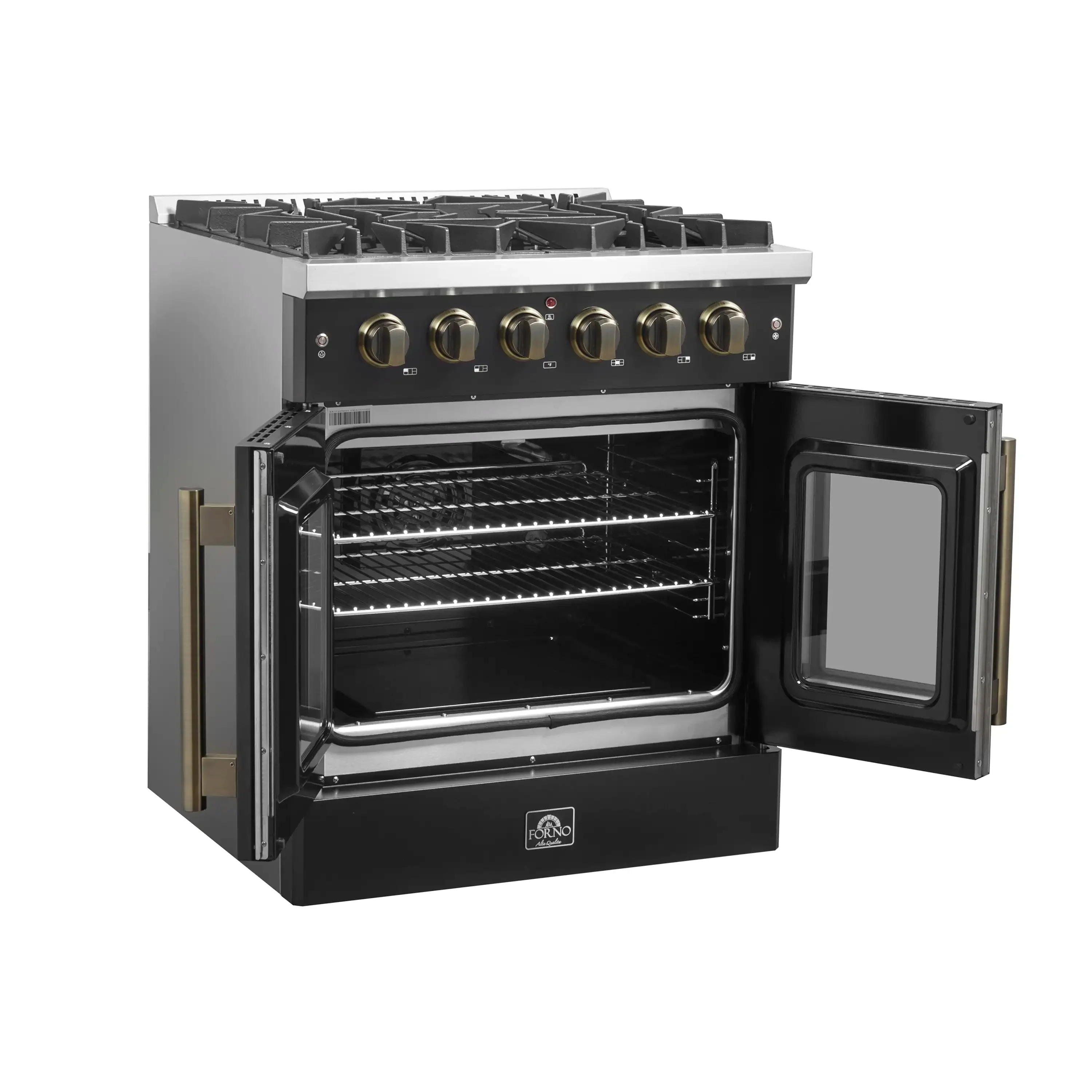 Forno Galiano 30-Inch French Door Gas Range with 5 Burners and 4.32 Cu.Ft. Convection Oven in Black with Antique Brass Trim (FFSGS6444-30BLK) - Image 3