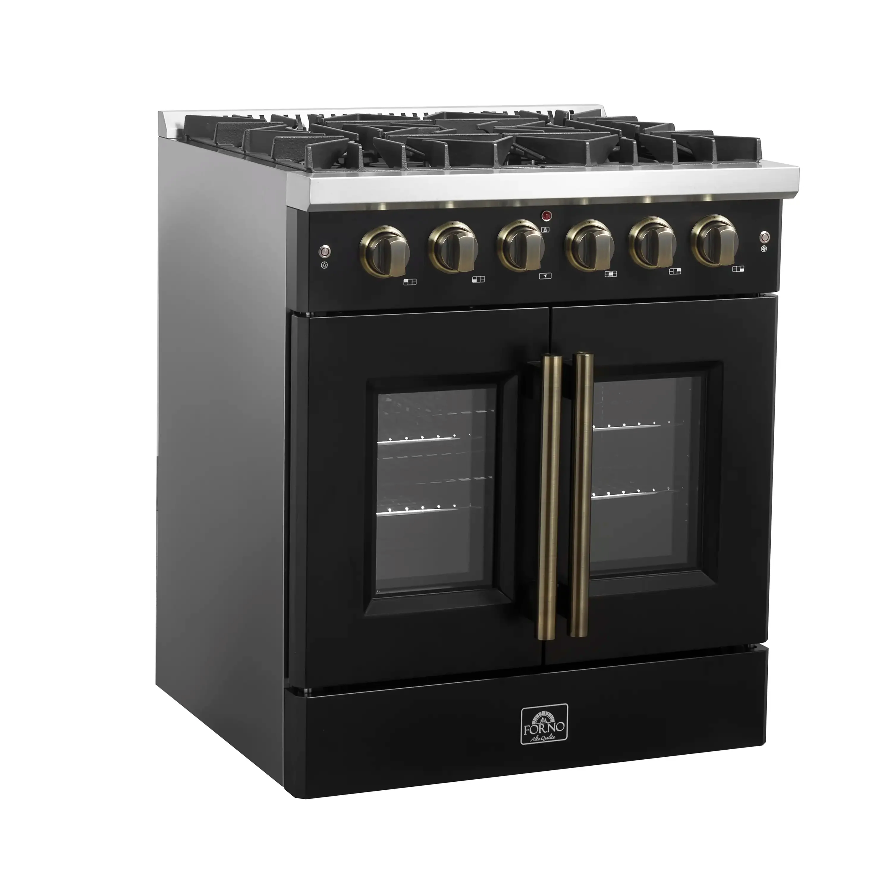 Forno Galiano 30-Inch French Door Gas Range with 5 Burners and 4.32 Cu.Ft. Convection Oven in Black with Antique Brass Trim (FFSGS6444-30BLK) - Image 4