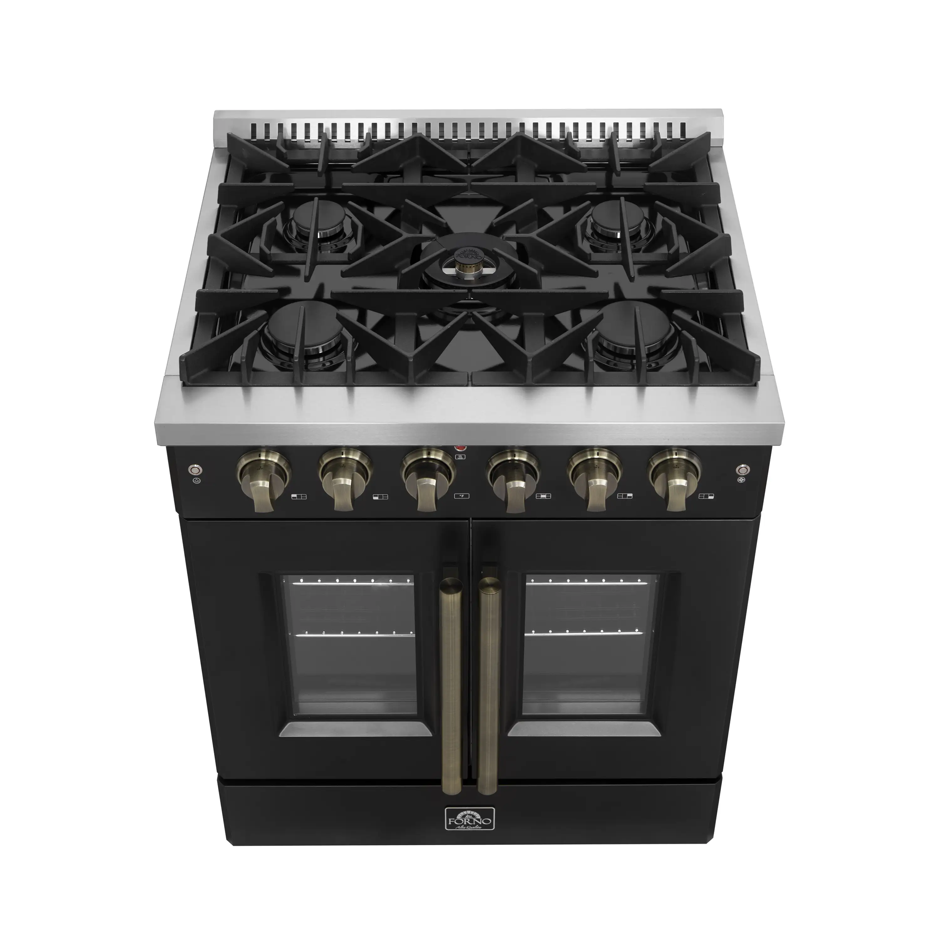 Forno Galiano 30-Inch French Door Gas Range with 5 Burners and 4.32 Cu.Ft. Convection Oven in Black with Antique Brass Trim (FFSGS6444-30BLK) - Image 6
