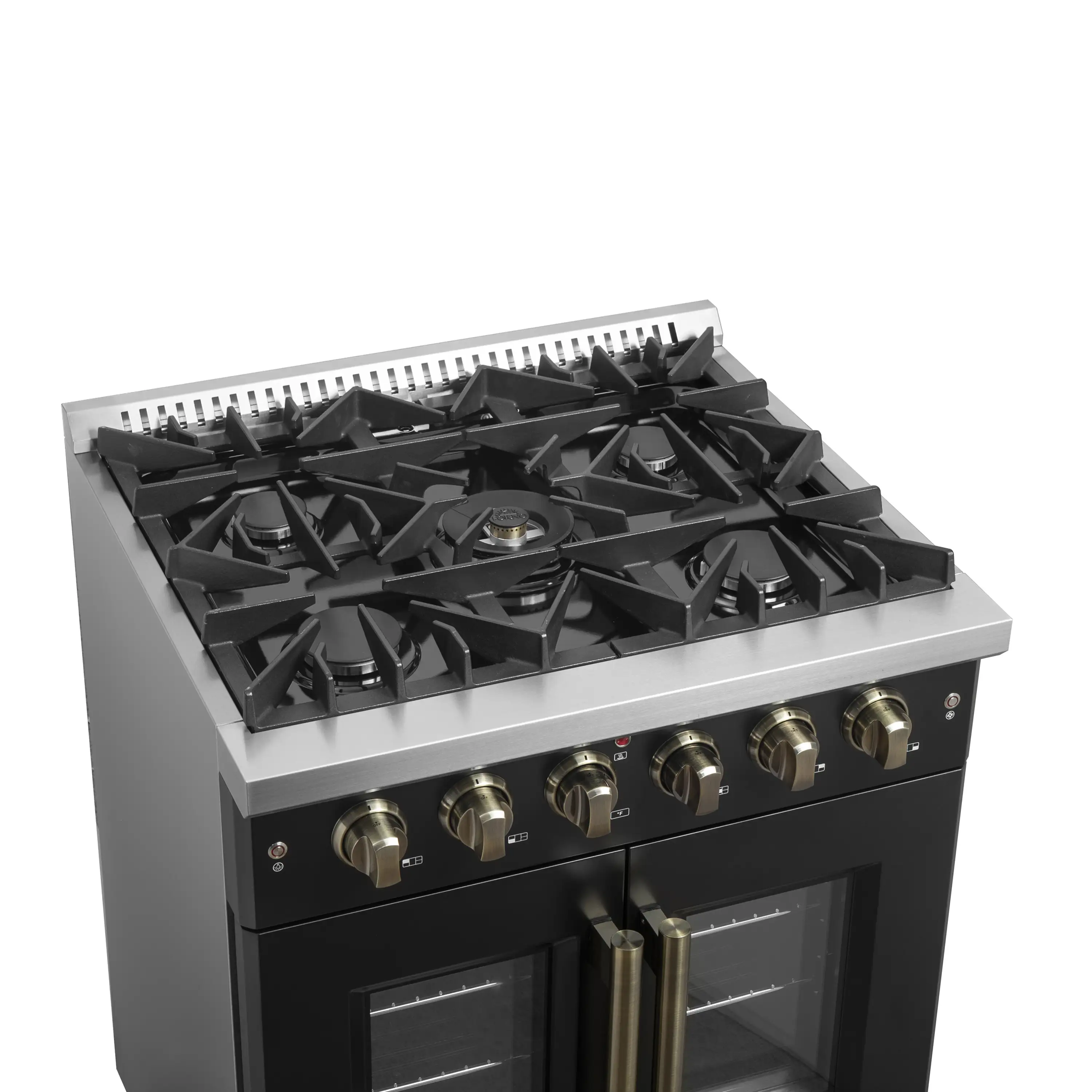 Forno Galiano 30-Inch French Door Gas Range with 5 Burners and 4.32 Cu.Ft. Convection Oven in Black with Antique Brass Trim (FFSGS6444-30BLK) - Image 7