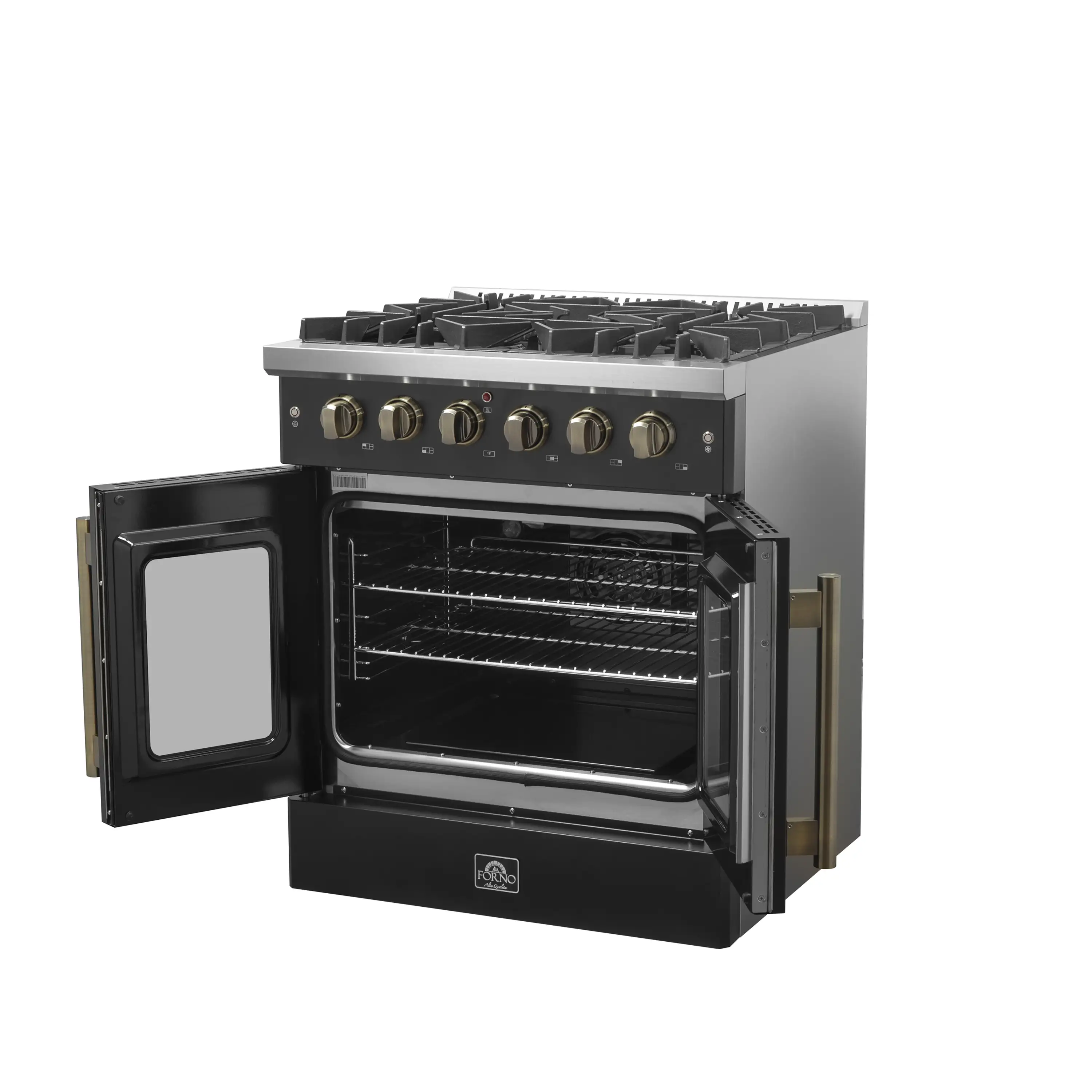 Forno Galiano 30-Inch French Door Gas Range with 5 Burners and 4.32 Cu.Ft. Convection Oven in Black with Antique Brass Trim (FFSGS6444-30BLK) - Image 8