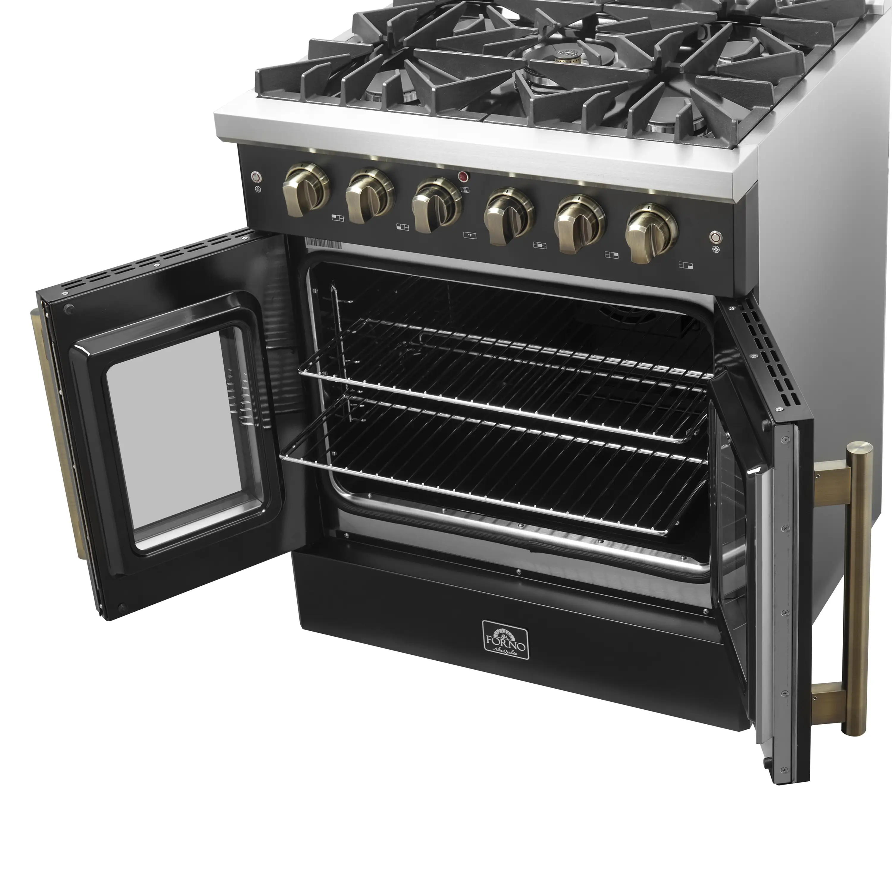 Forno Galiano 30-Inch French Door Gas Range with 5 Burners and 4.32 Cu.Ft. Convection Oven in Black with Antique Brass Trim (FFSGS6444-30BLK) - Image 9
