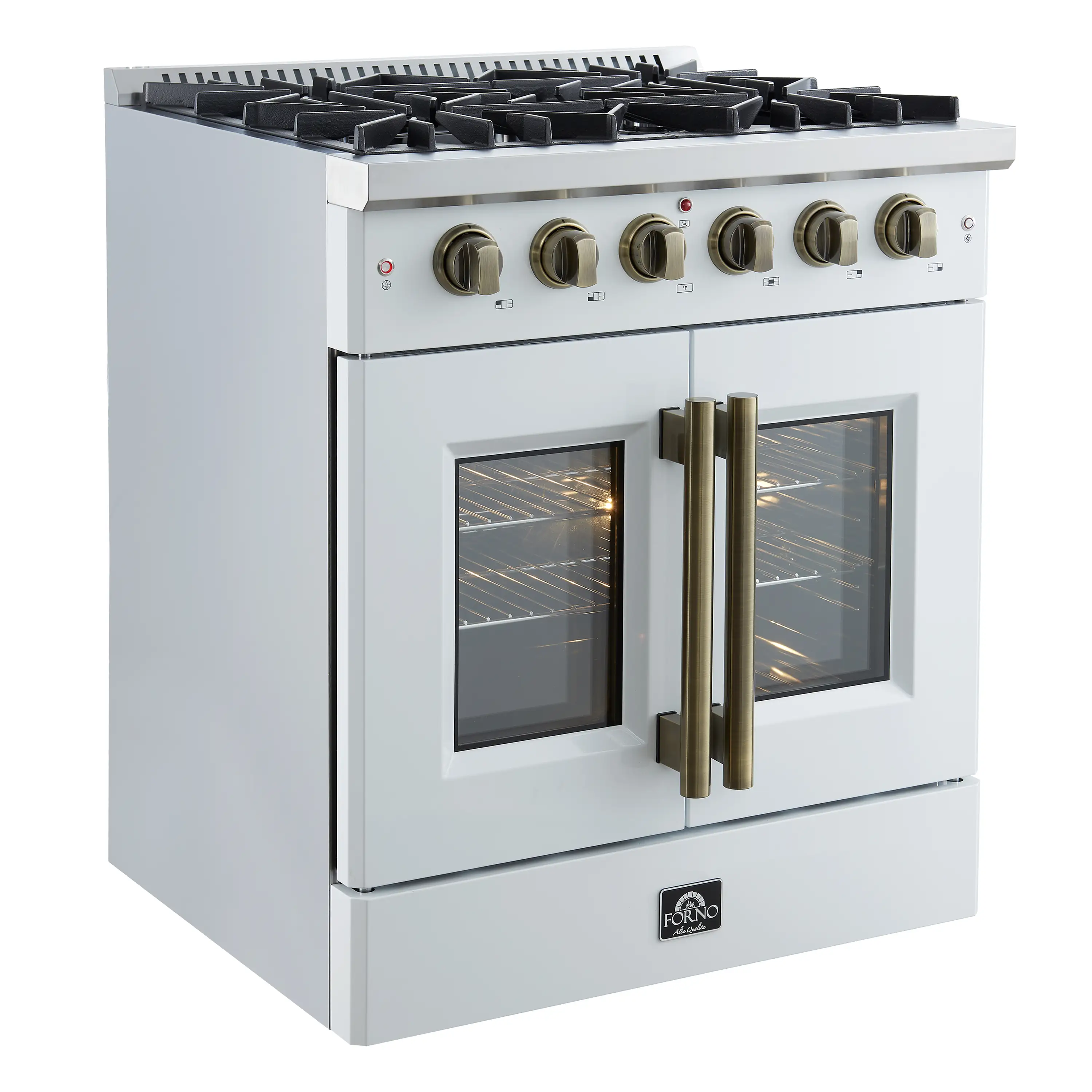 Forno Galiano 30-Inch French Door Gas Range with 5 Burners and 4.32 Cu.Ft. Convection Oven in White with Antique Brass Trim (FFSGS6444-30WHT) - Image 2