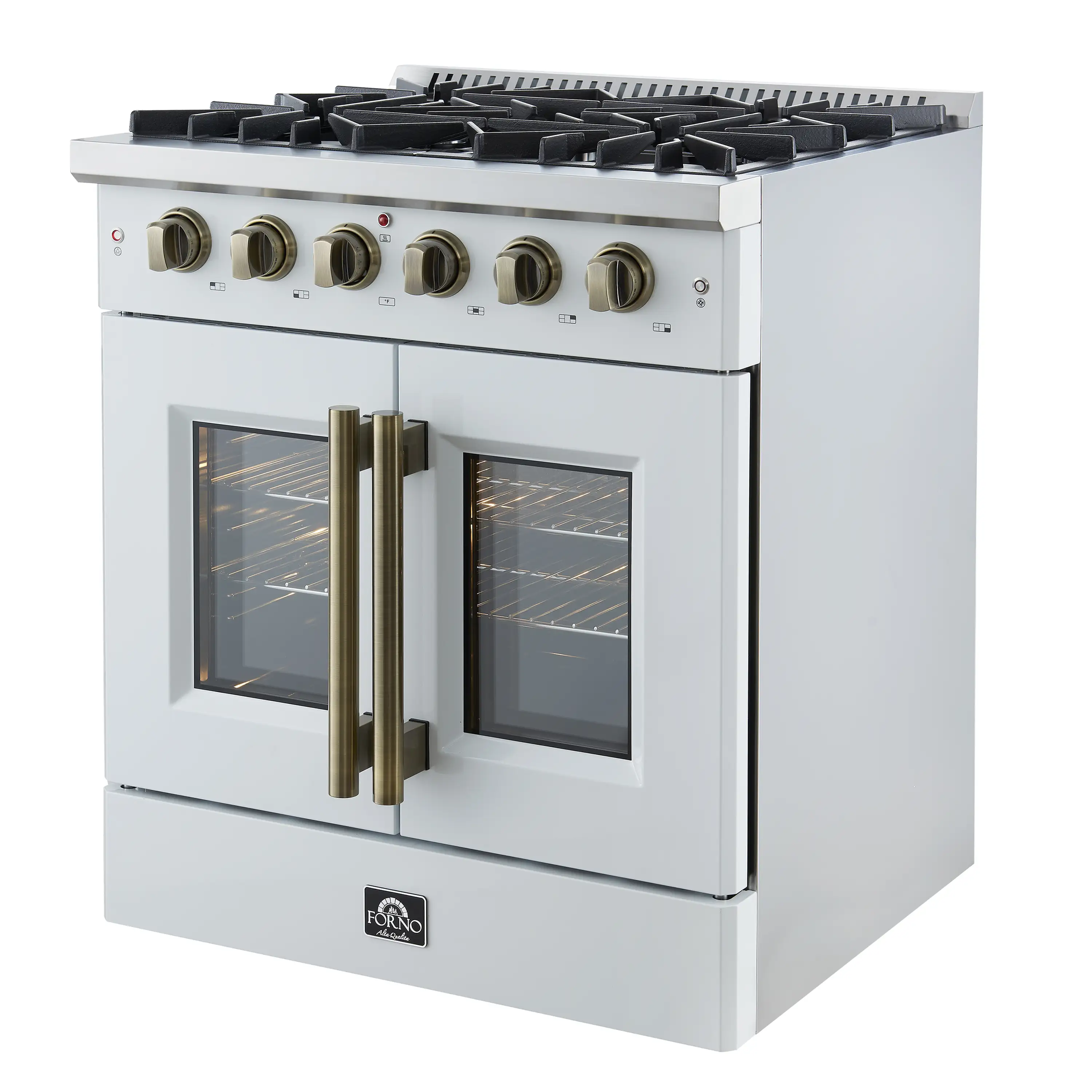 Forno Galiano 30-Inch French Door Gas Range with 5 Burners and 4.32 Cu.Ft. Convection Oven in White with Antique Brass Trim (FFSGS6444-30WHT) - Image 3