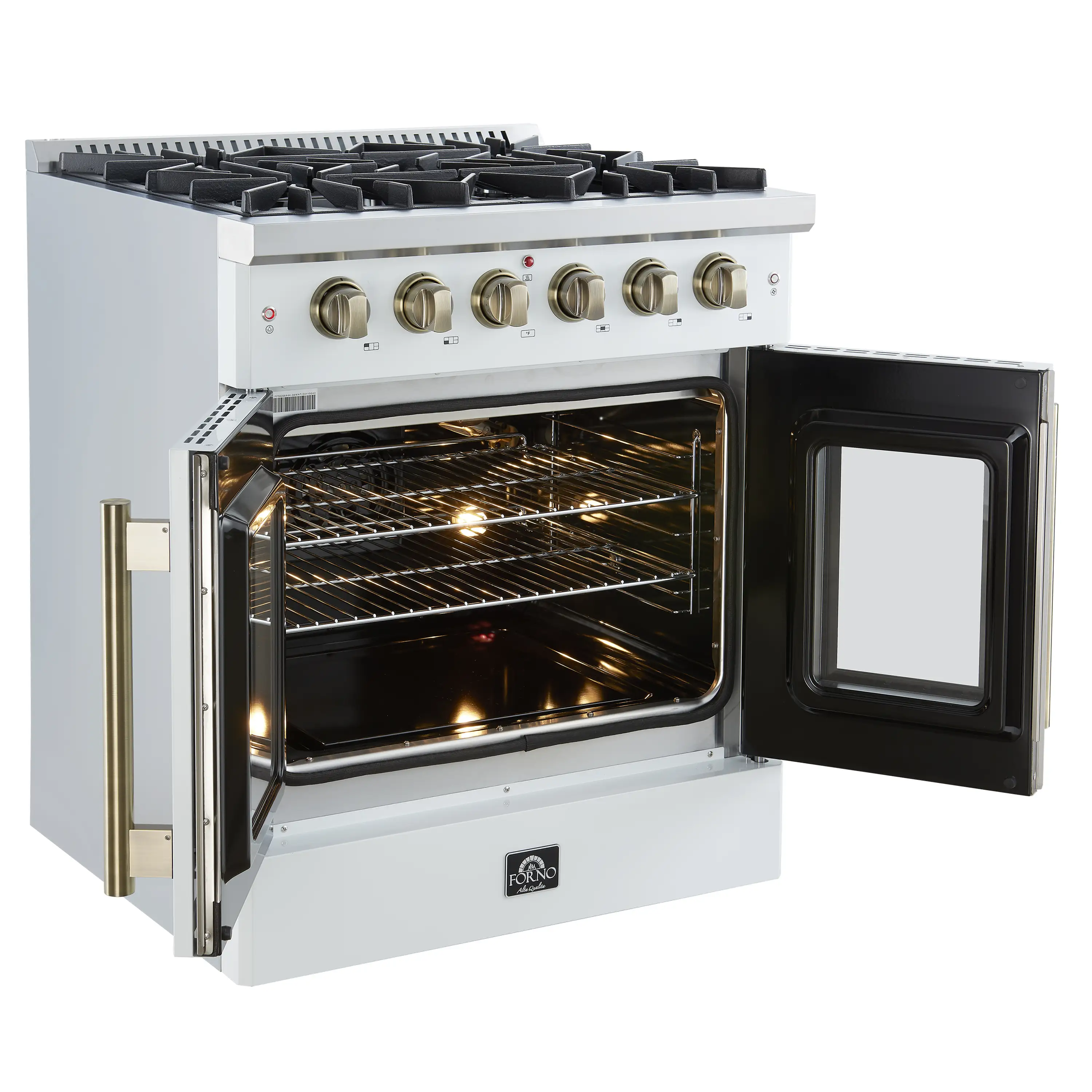 Forno Galiano 30-Inch French Door Gas Range with 5 Burners and 4.32 Cu.Ft. Convection Oven in White with Antique Brass Trim (FFSGS6444-30WHT) - Image 4