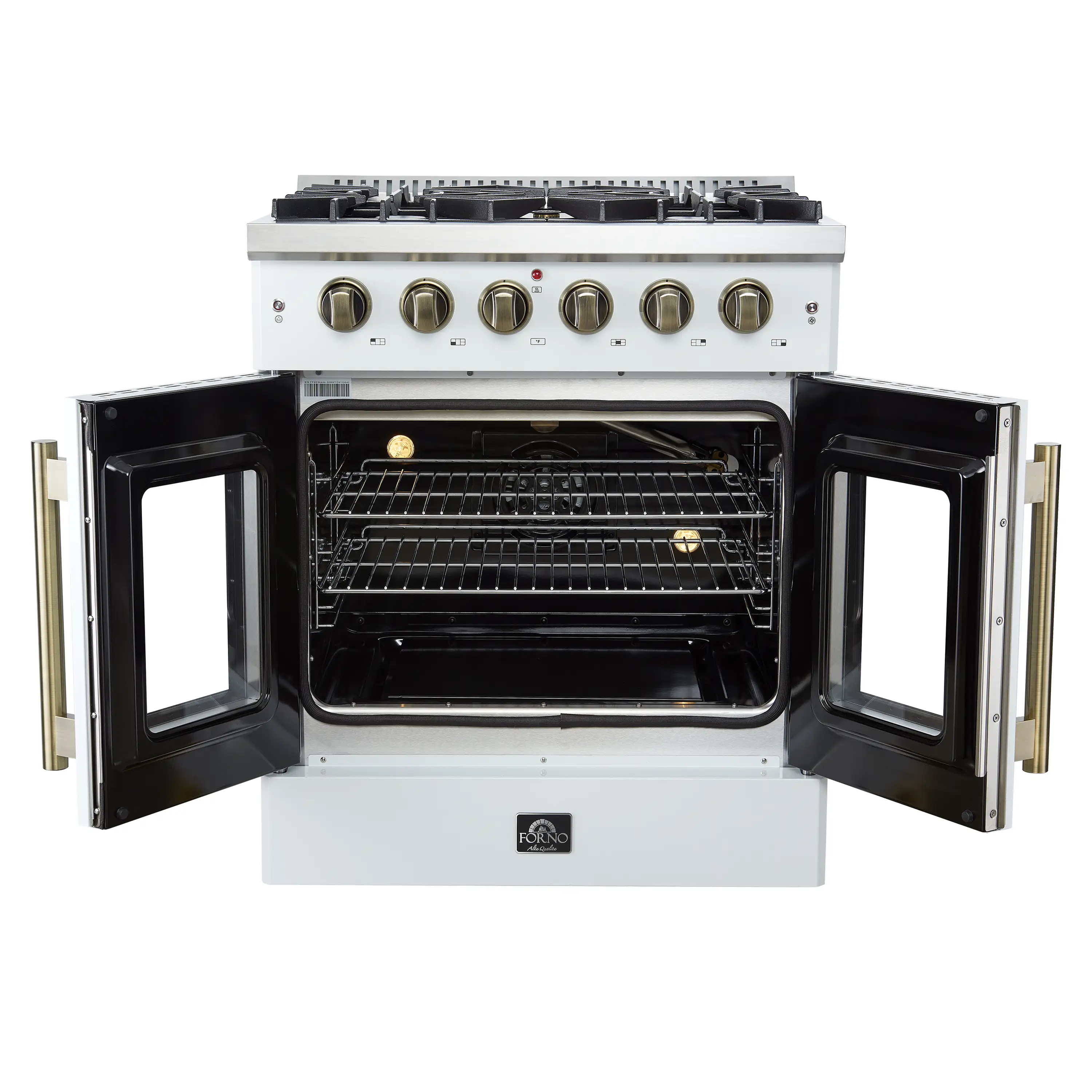 Forno Galiano 30-Inch French Door Gas Range with 5 Burners and 4.32 Cu.Ft. Convection Oven in White with Antique Brass Trim (FFSGS6444-30WHT) - Image 5
