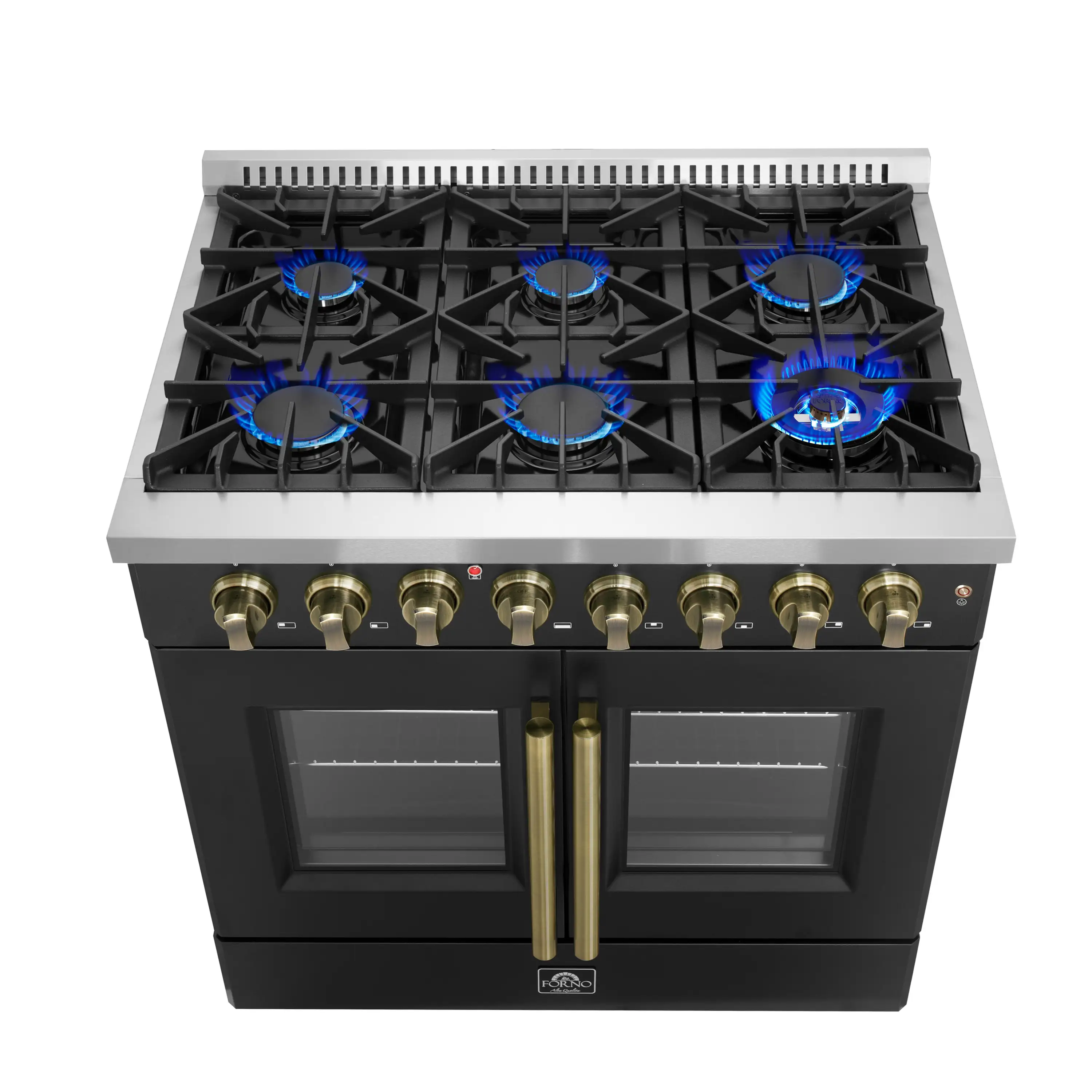 Forno Galiano 36-Inch French Door Dual Fuel Range with 6 Gas Burners and 5.36 Cu.Ft. Electric Convection Oven in Black with Antique Brass Trim (FFSGS6356-36BLK) - Image 2