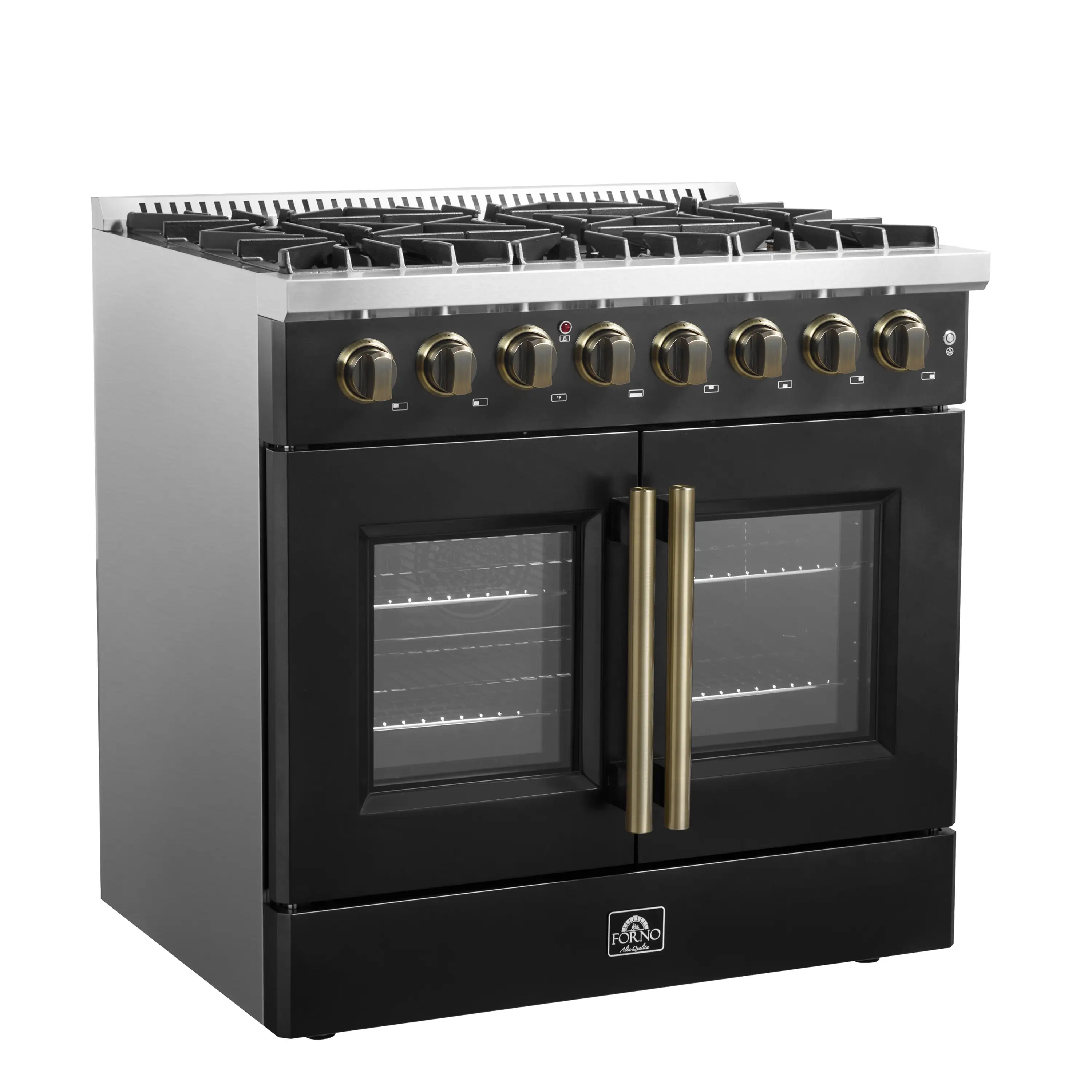 Forno Galiano 36-Inch French Door Dual Fuel Range with 6 Gas Burners and 5.36 Cu.Ft. Electric Convection Oven in Black with Antique Brass Trim (FFSGS6356-36BLK) - Image 3