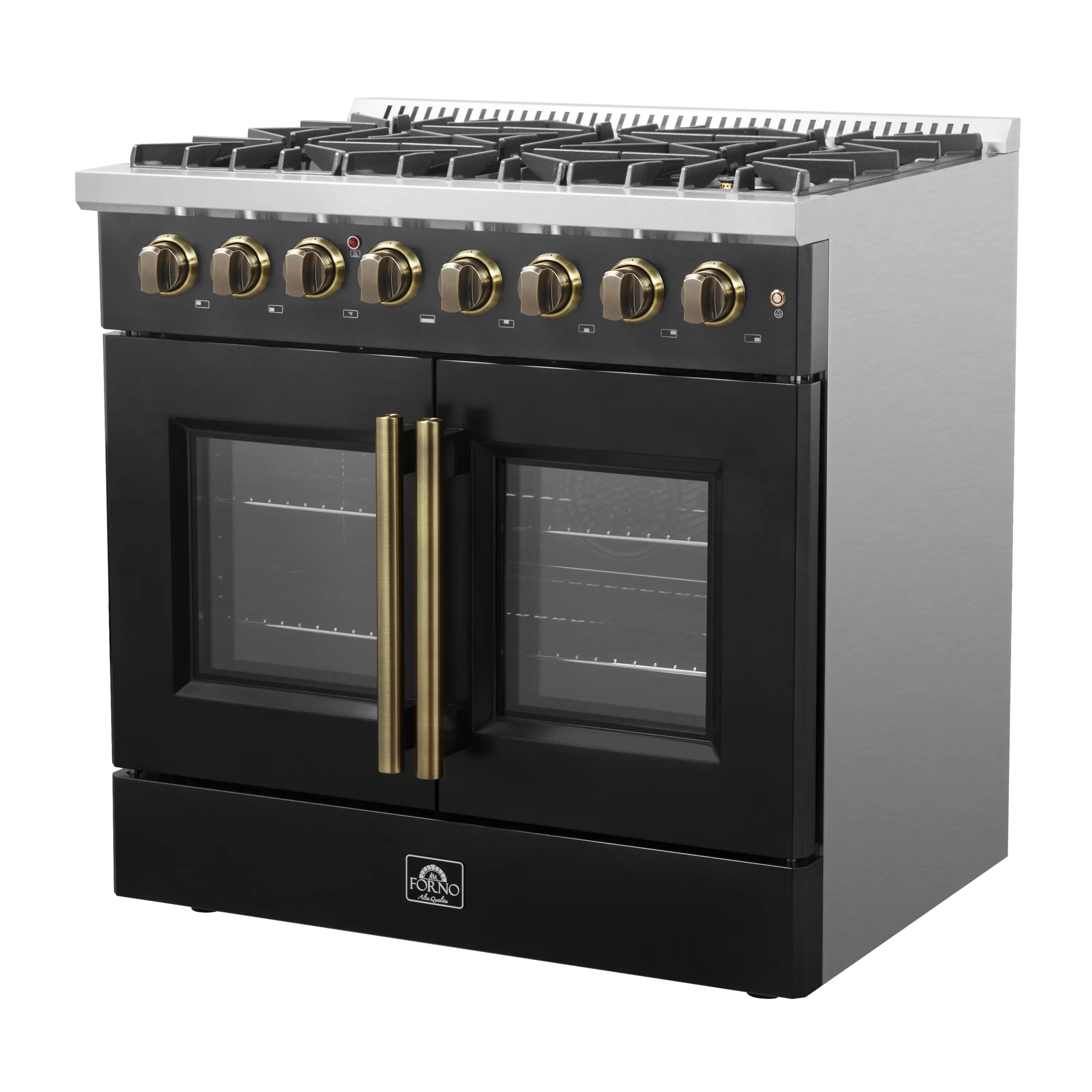 Forno Galiano 36-Inch French Door Dual Fuel Range with 6 Gas Burners and 5.36 Cu.Ft. Electric Convection Oven in Black with Antique Brass Trim (FFSGS6356-36BLK) - Image 4