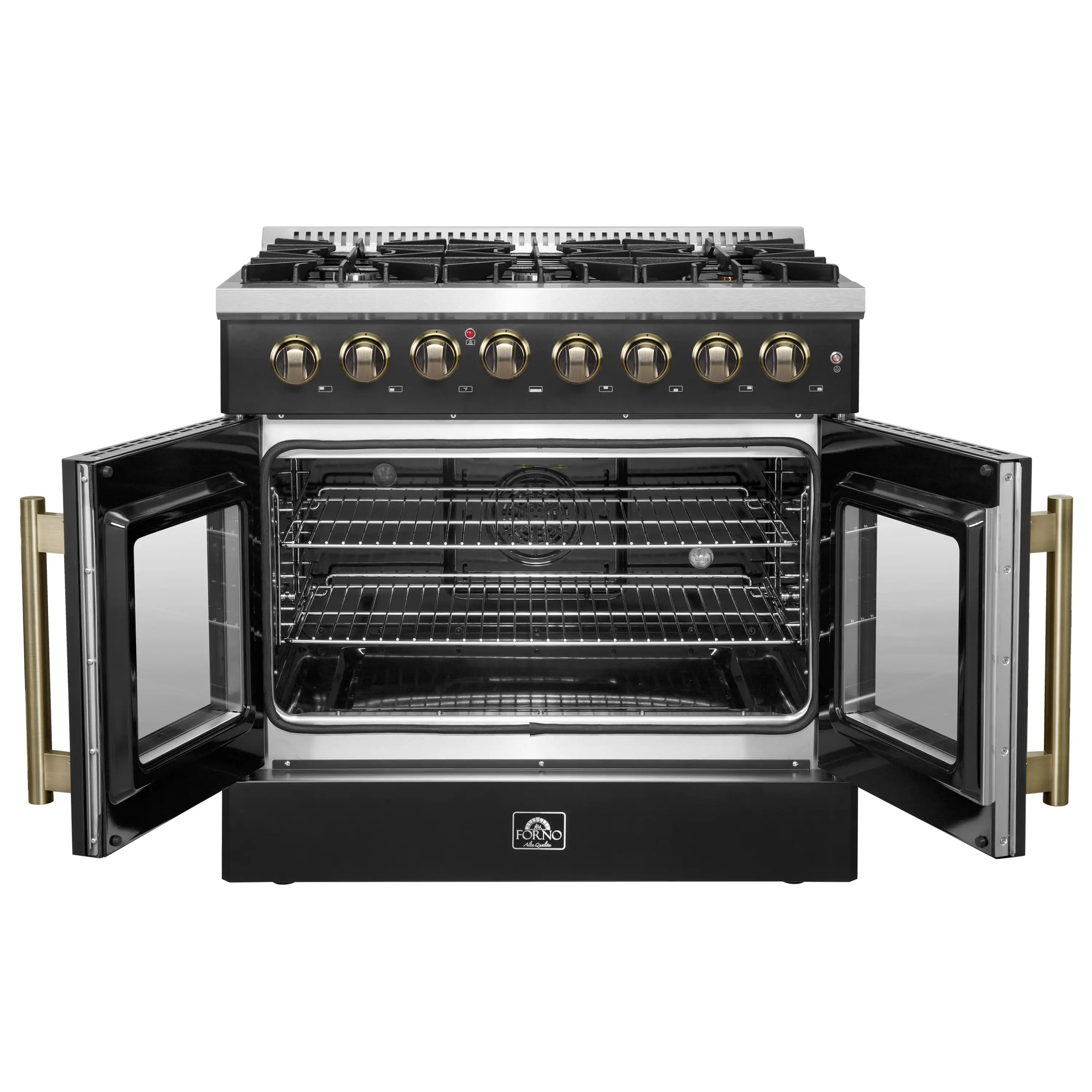 Forno Galiano 36-Inch French Door Dual Fuel Range with 6 Gas Burners and 5.36 Cu.Ft. Electric Convection Oven in Black with Antique Brass Trim (FFSGS6356-36BLK) - Image 6