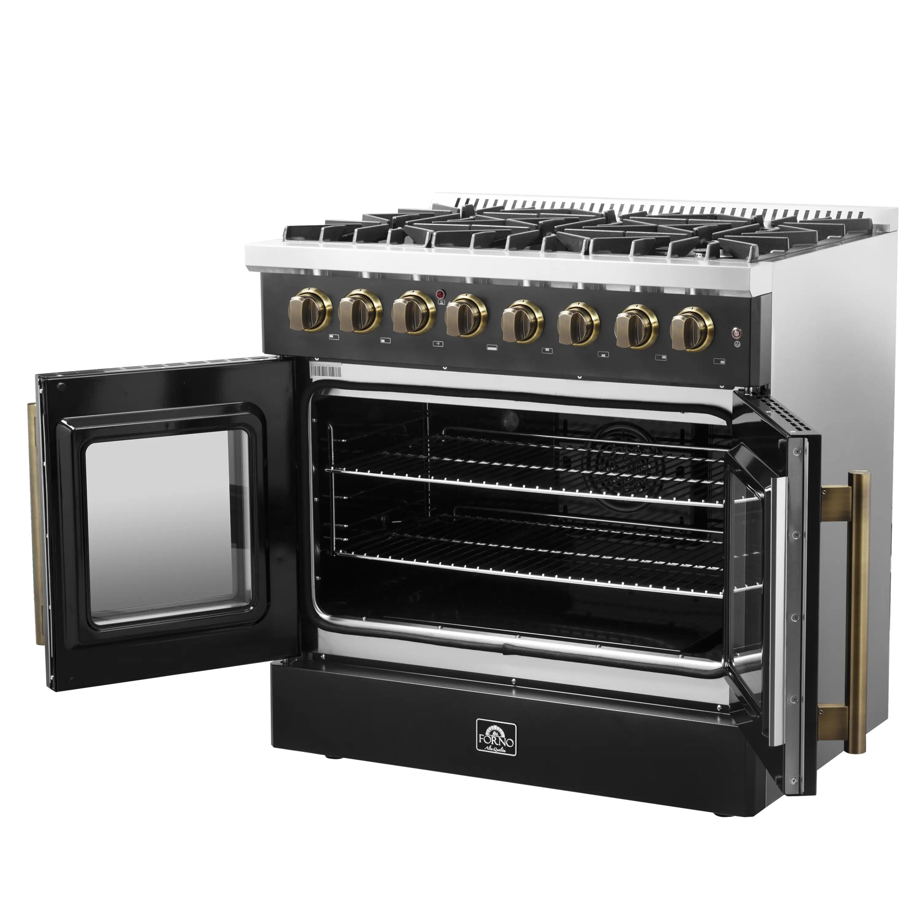 Forno Galiano 36-Inch French Door Dual Fuel Range with 6 Gas Burners and 5.36 Cu.Ft. Electric Convection Oven in Black with Antique Brass Trim (FFSGS6356-36BLK) - Image 7