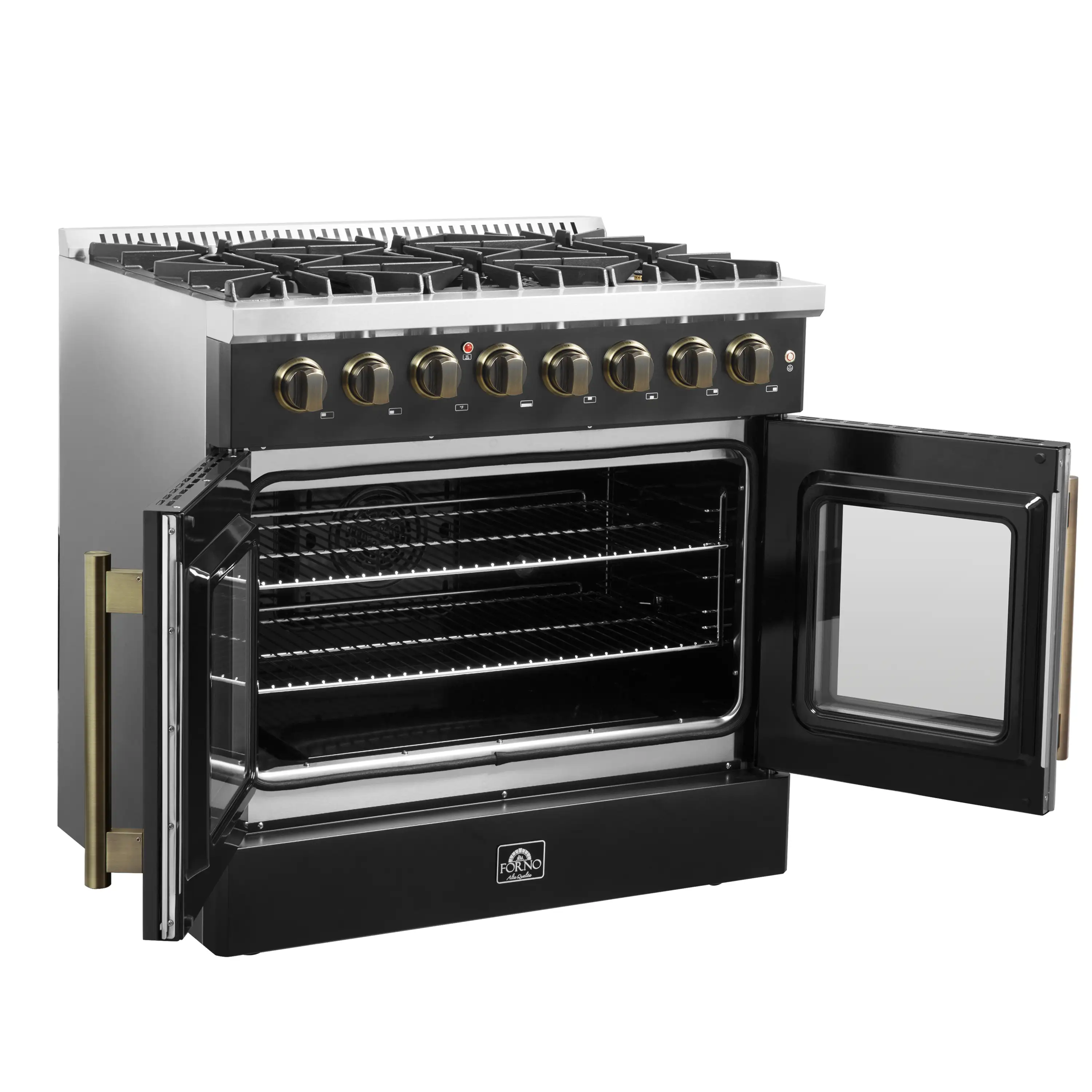 Forno Galiano 36-Inch French Door Dual Fuel Range with 6 Gas Burners and 5.36 Cu.Ft. Electric Convection Oven in Black with Antique Brass Trim (FFSGS6356-36BLK) - Image 8