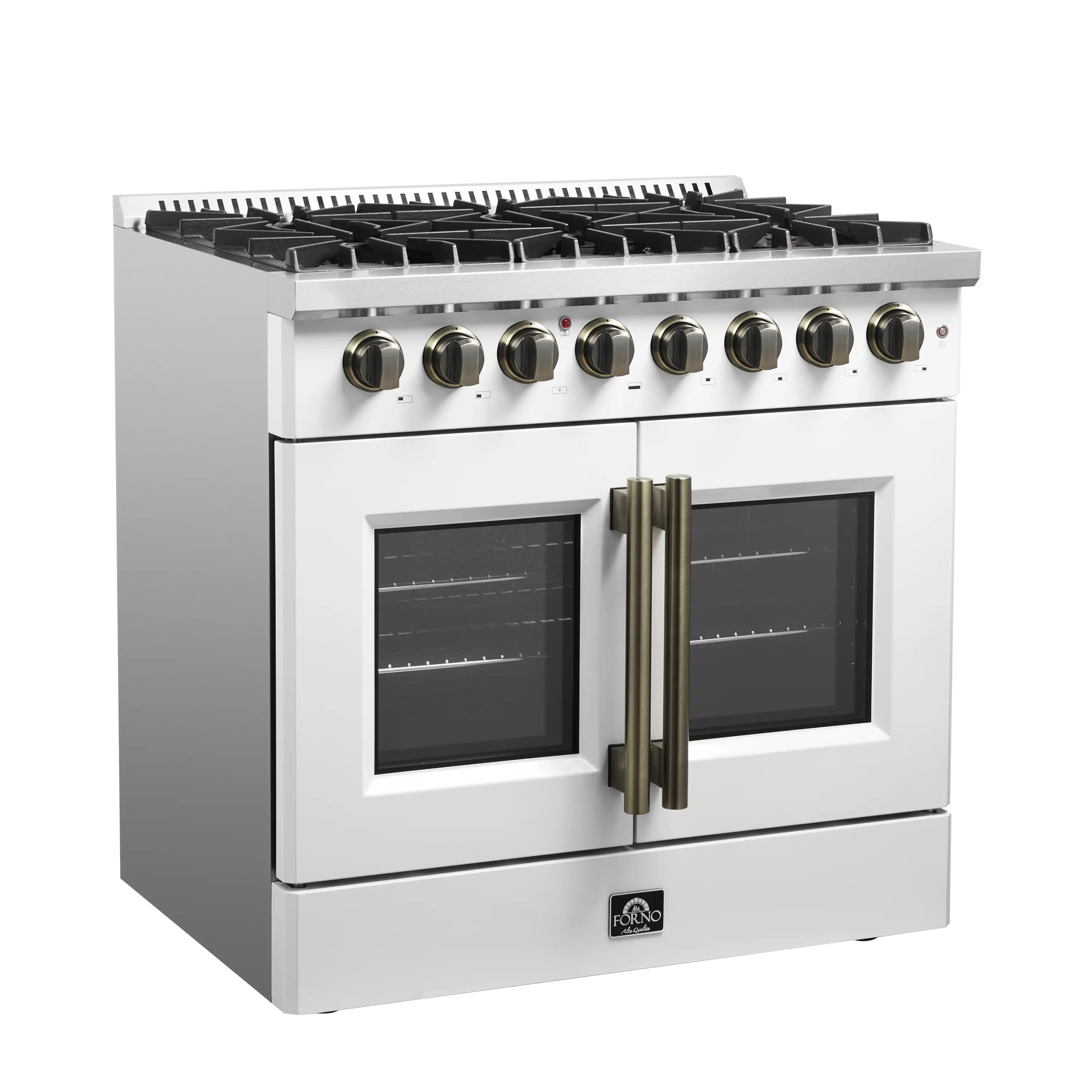 Forno Galiano 36-Inch French Door Dual Fuel Range with 6 Gas Burners and 5.36 Cu.Ft. Electric Convection Oven in White with Antique Brass Trim (FFSGS6356-36WHT) - Image 2