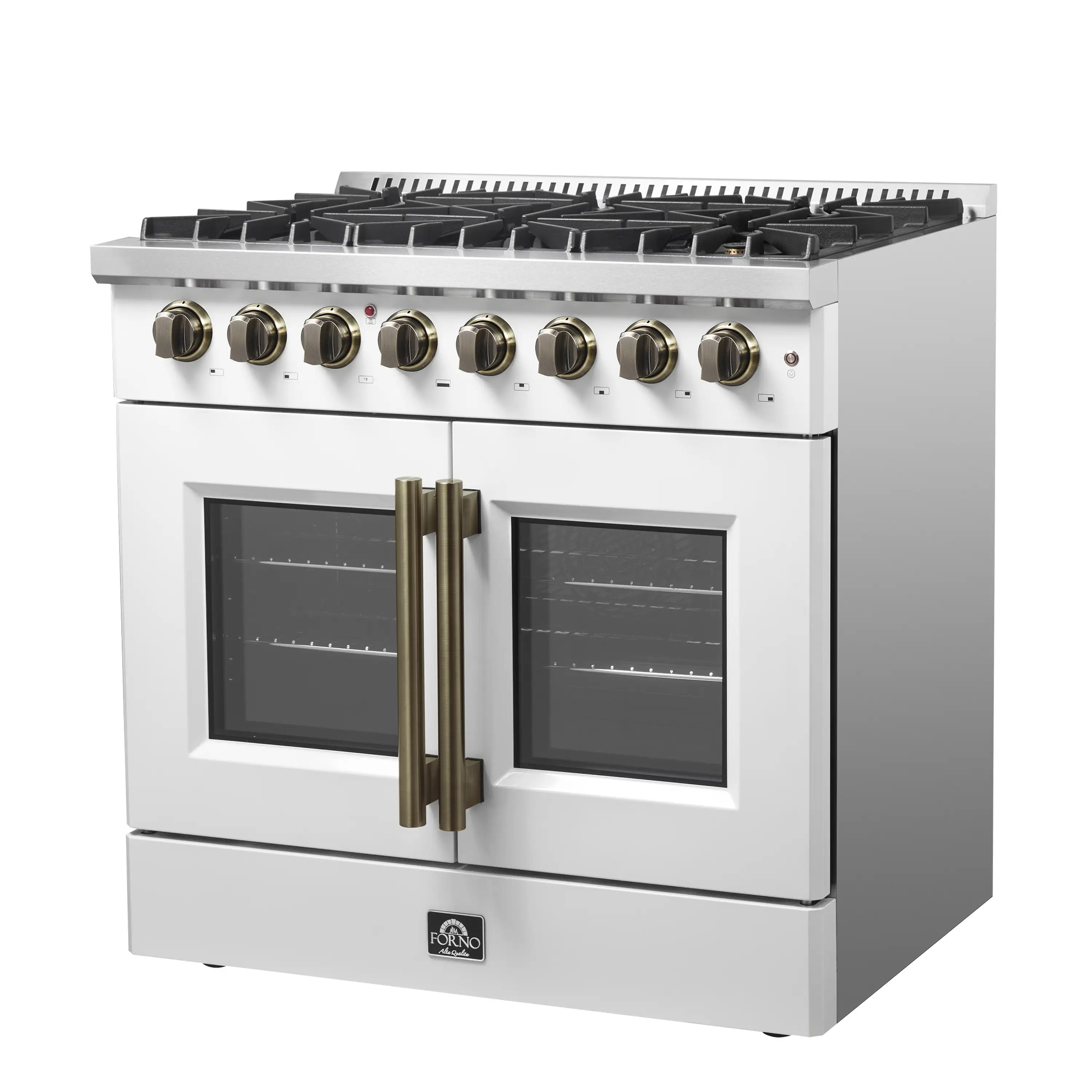 Forno Galiano 36-Inch French Door Dual Fuel Range with 6 Gas Burners and 5.36 Cu.Ft. Electric Convection Oven in White with Antique Brass Trim (FFSGS6356-36WHT) - Image 3