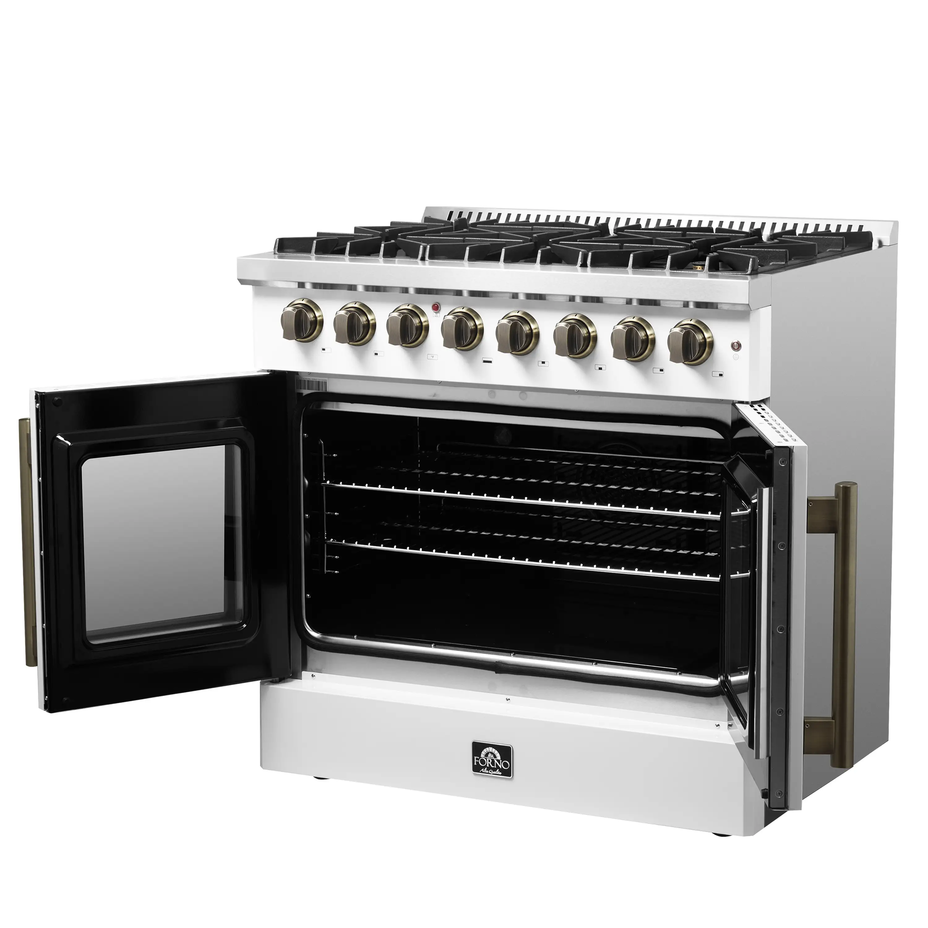 Forno Galiano 36-Inch French Door Dual Fuel Range with 6 Gas Burners and 5.36 Cu.Ft. Electric Convection Oven in White with Antique Brass Trim (FFSGS6356-36WHT) - Image 4