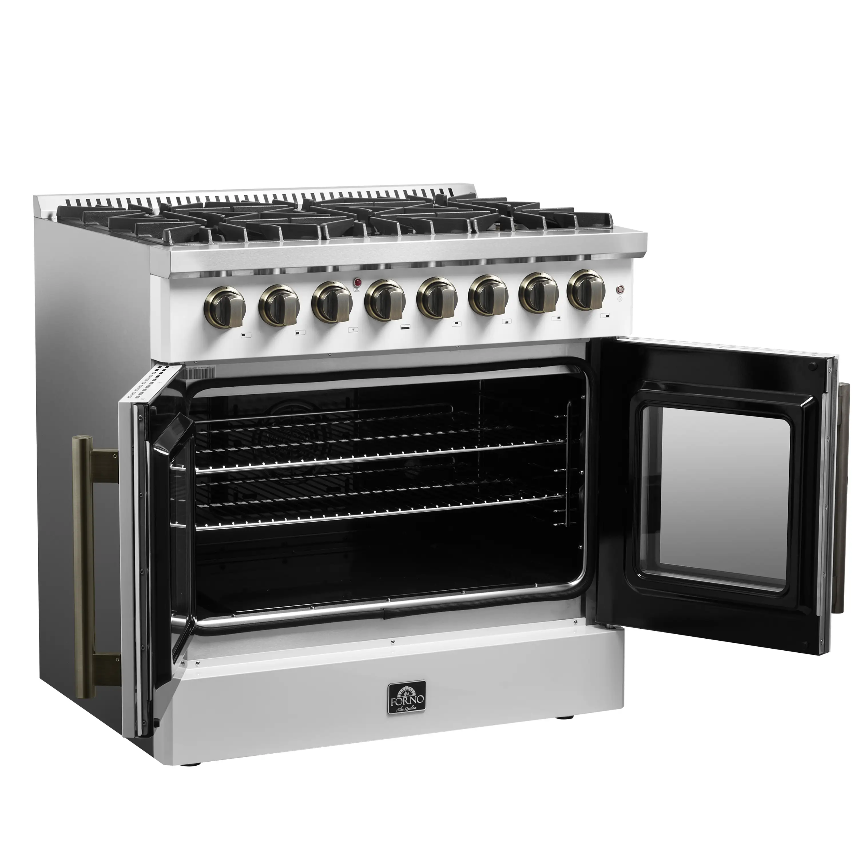 Forno Galiano 36-Inch French Door Dual Fuel Range with 6 Gas Burners and 5.36 Cu.Ft. Electric Convection Oven in White with Antique Brass Trim (FFSGS6356-36WHT) - Image 5
