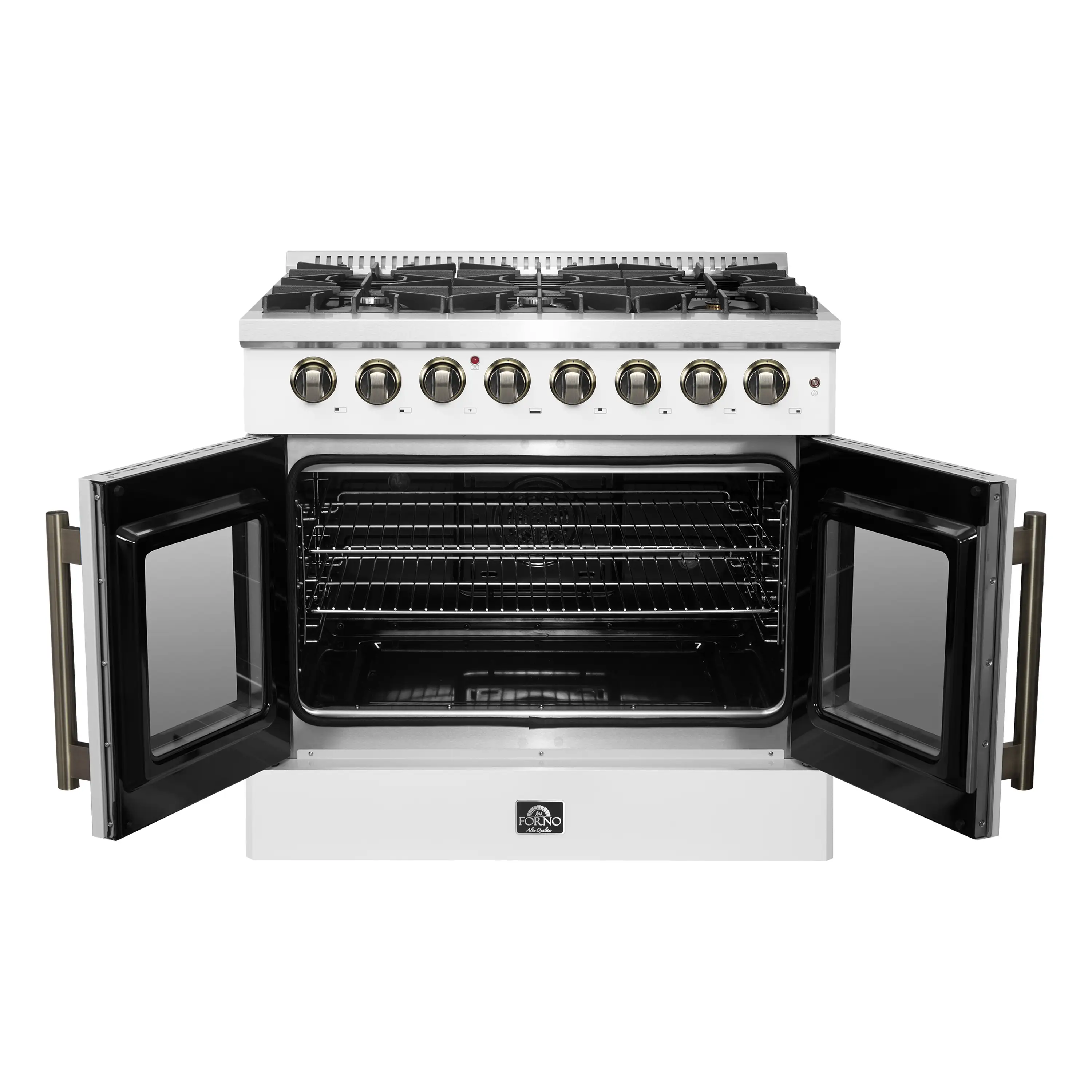 Forno Galiano 36-Inch French Door Dual Fuel Range with 6 Gas Burners and 5.36 Cu.Ft. Electric Convection Oven in White with Antique Brass Trim (FFSGS6356-36WHT) - Image 6