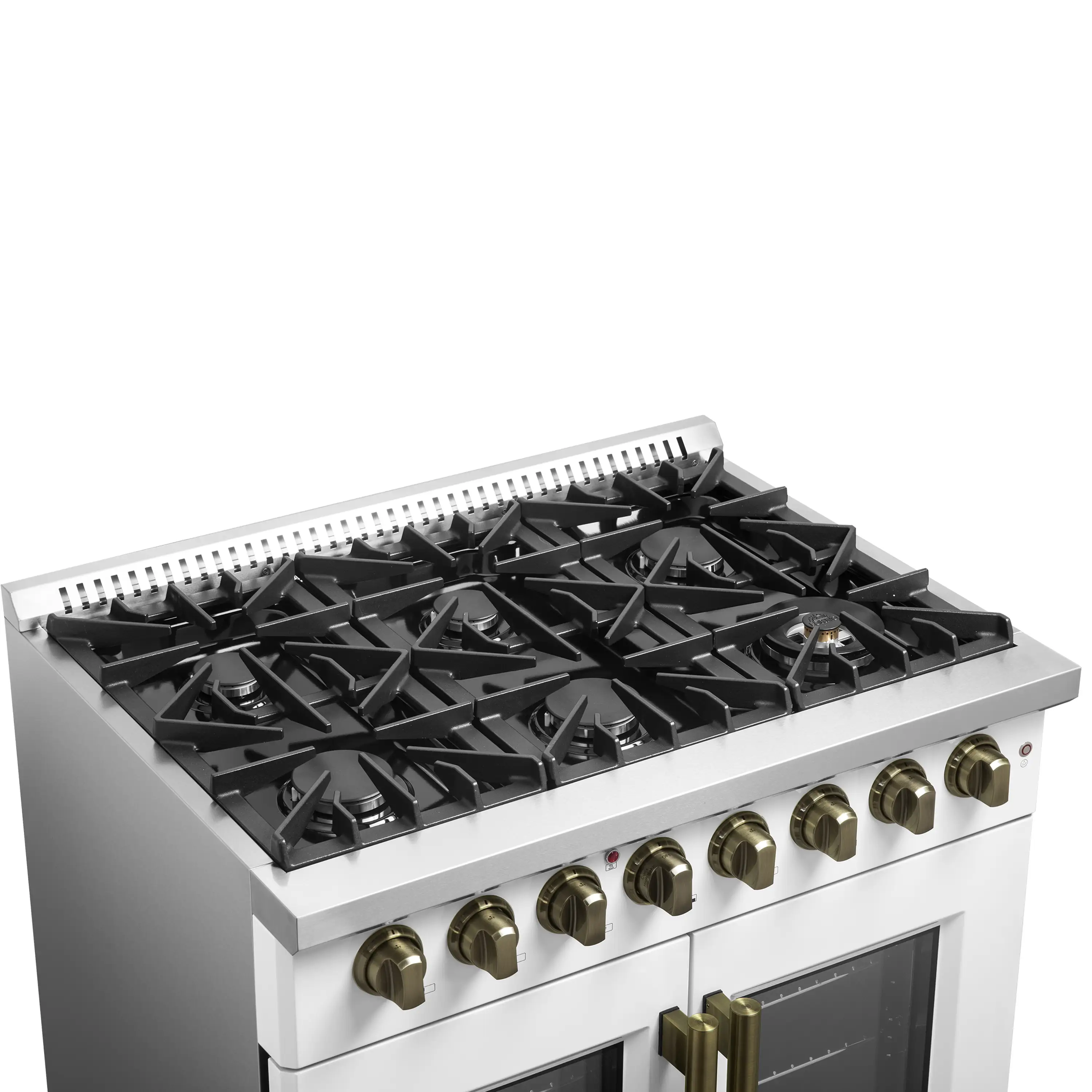 Forno Galiano 36-Inch French Door Dual Fuel Range with 6 Gas Burners and 5.36 Cu.Ft. Electric Convection Oven in White with Antique Brass Trim (FFSGS6356-36WHT) - Image 7