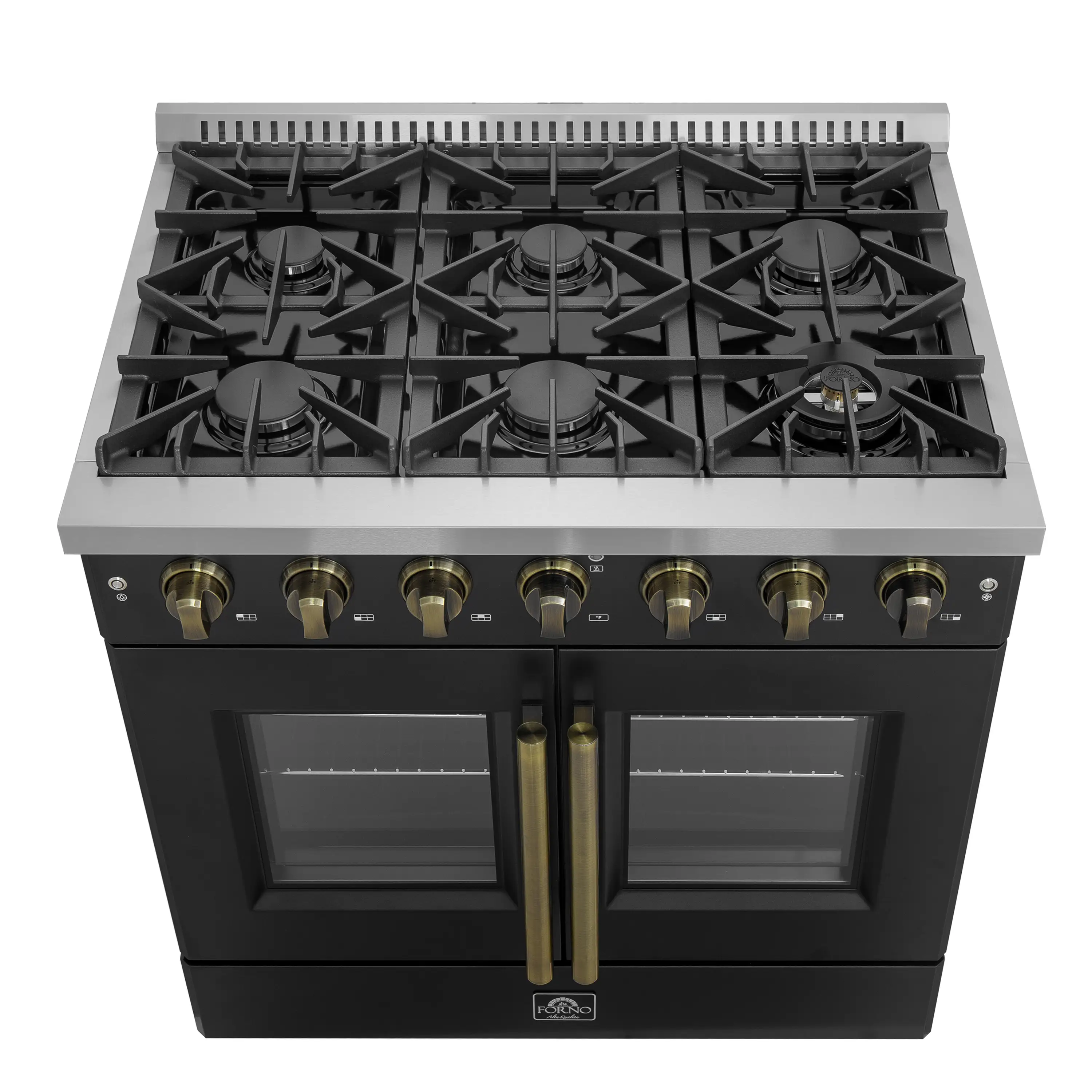 Forno Galiano 36-Inch French Door Gas Range with 6 Burners and 5.36 Cu.Ft. Convection Oven in Black with Antique Brass Trim (FFSGS6444-36BLK) - Image 2