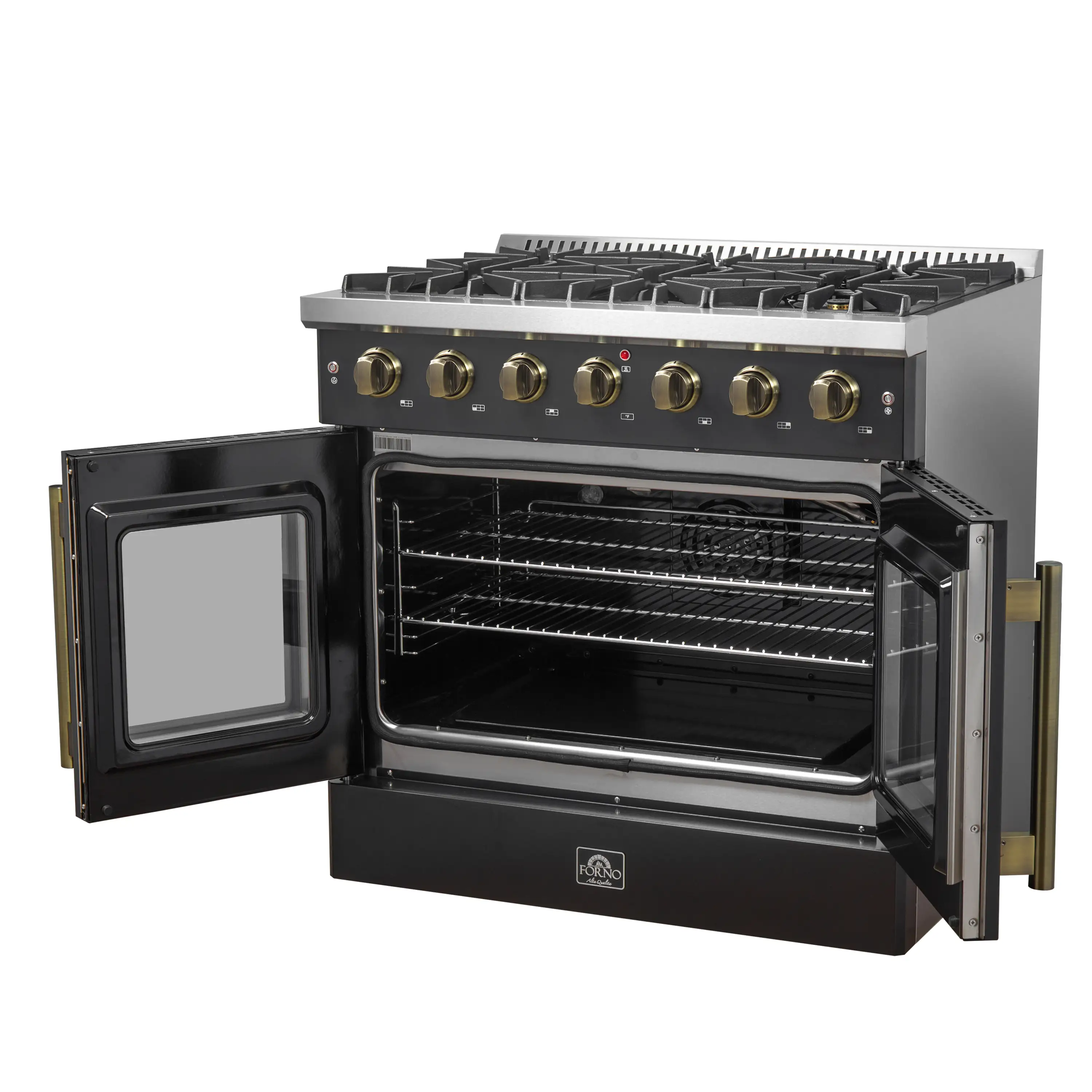 Forno Galiano 36-Inch French Door Gas Range with 6 Burners and 5.36 Cu.Ft. Convection Oven in Black with Antique Brass Trim (FFSGS6444-36BLK) - Image 7