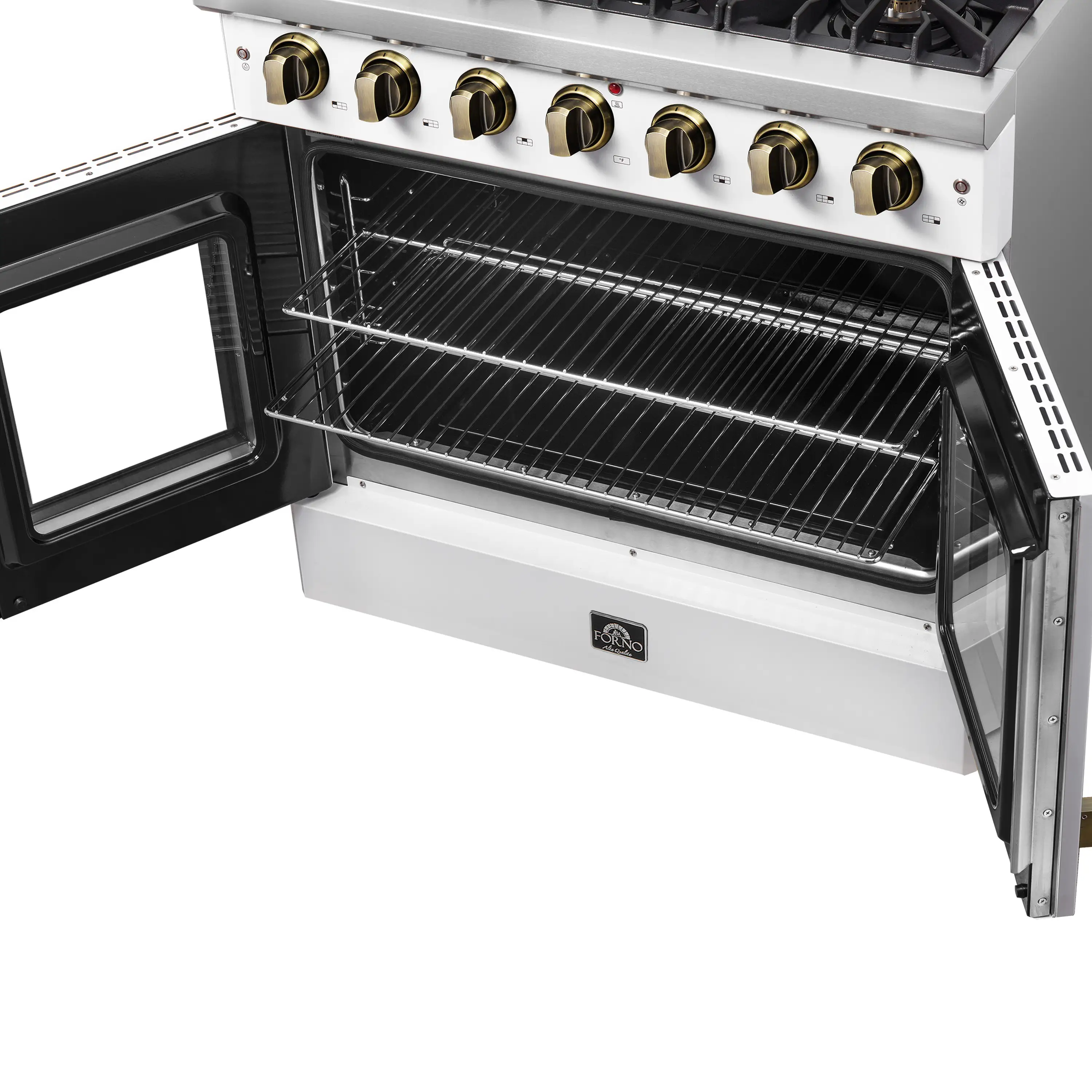 Forno Galiano 36-Inch French Door Gas Range with 6 Burners and 5.36 Cu.Ft. Convection Oven in White with Antique Brass Trim (FFSGS6444-36WHT) - Image 10