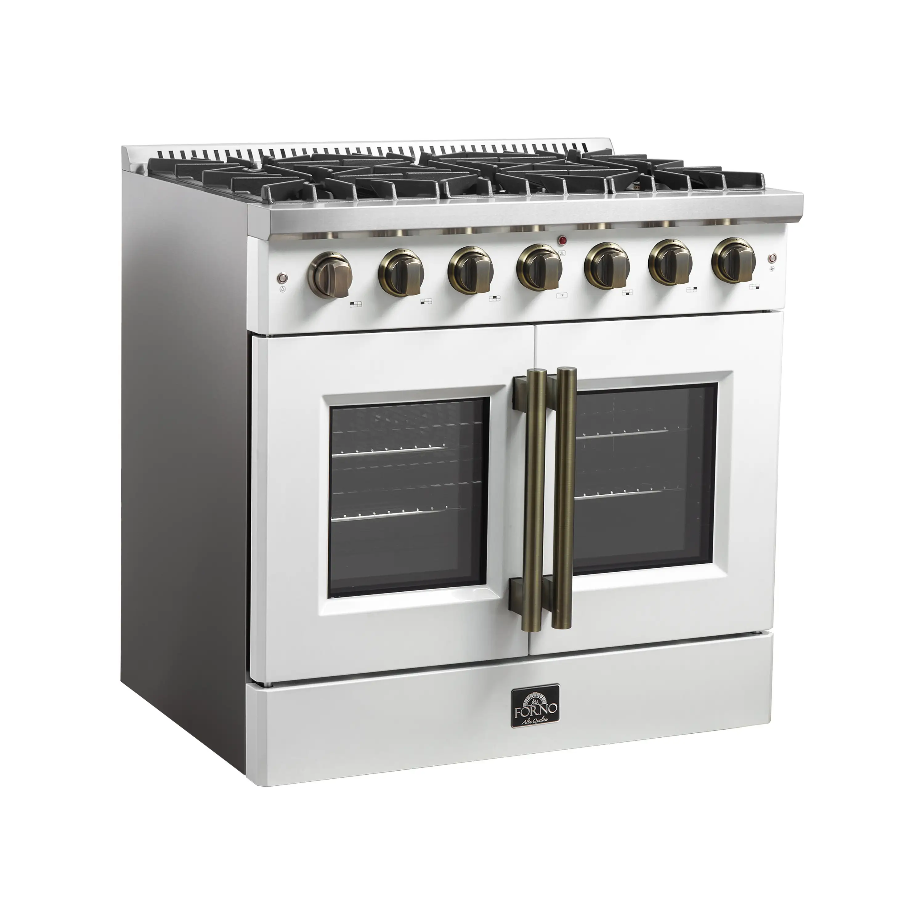Forno Galiano 36-Inch French Door Gas Range with 6 Burners and 5.36 Cu.Ft. Convection Oven in White with Antique Brass Trim (FFSGS6444-36WHT) - Image 2