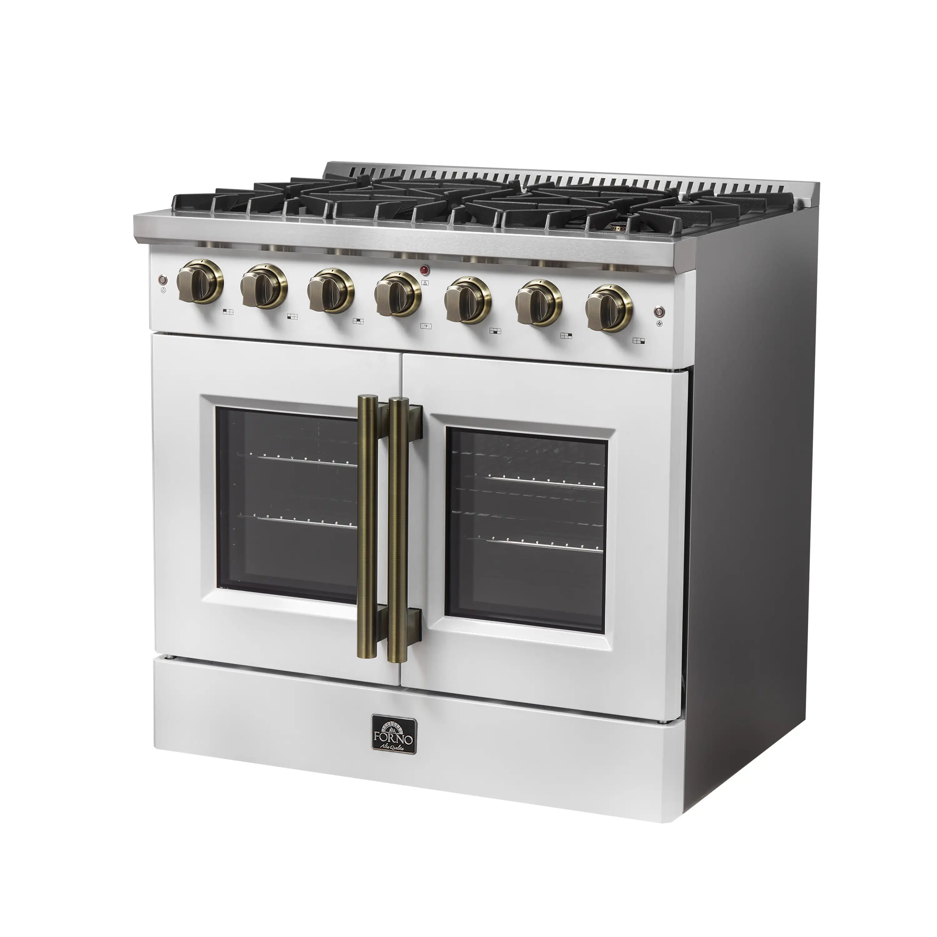 Forno Galiano 36-Inch French Door Gas Range with 6 Burners and 5.36 Cu.Ft. Convection Oven in White with Antique Brass Trim (FFSGS6444-36WHT) - Image 3