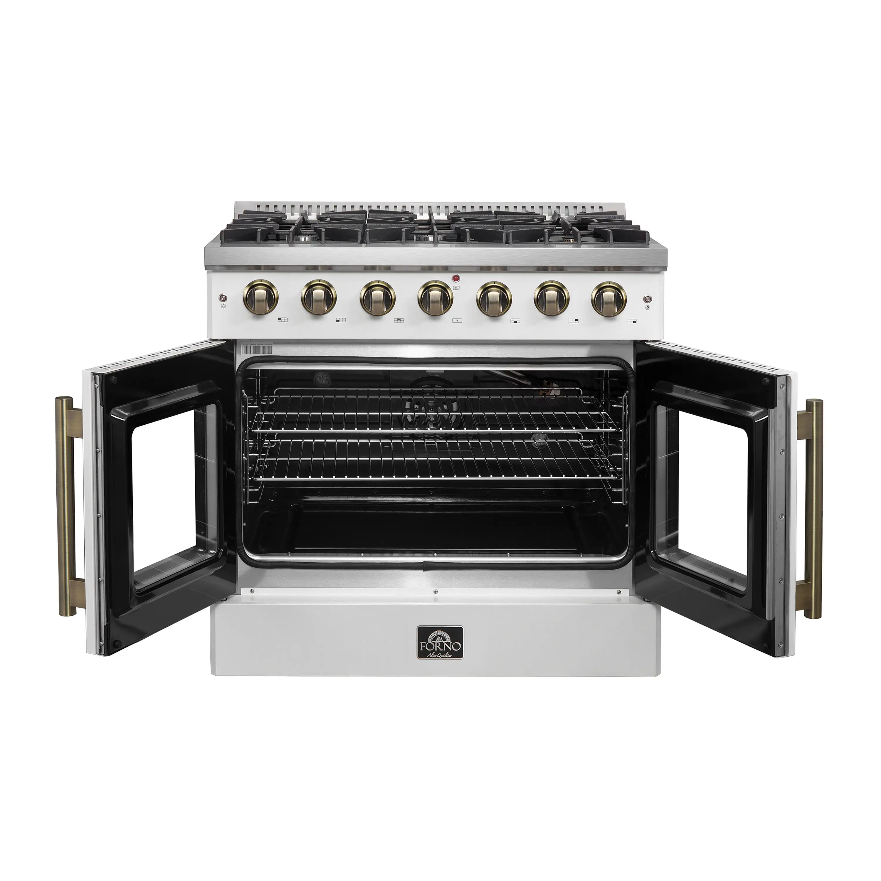 Forno Galiano 36-Inch French Door Gas Range with 6 Burners and 5.36 Cu.Ft. Convection Oven in White with Antique Brass Trim (FFSGS6444-36WHT) - Image 4