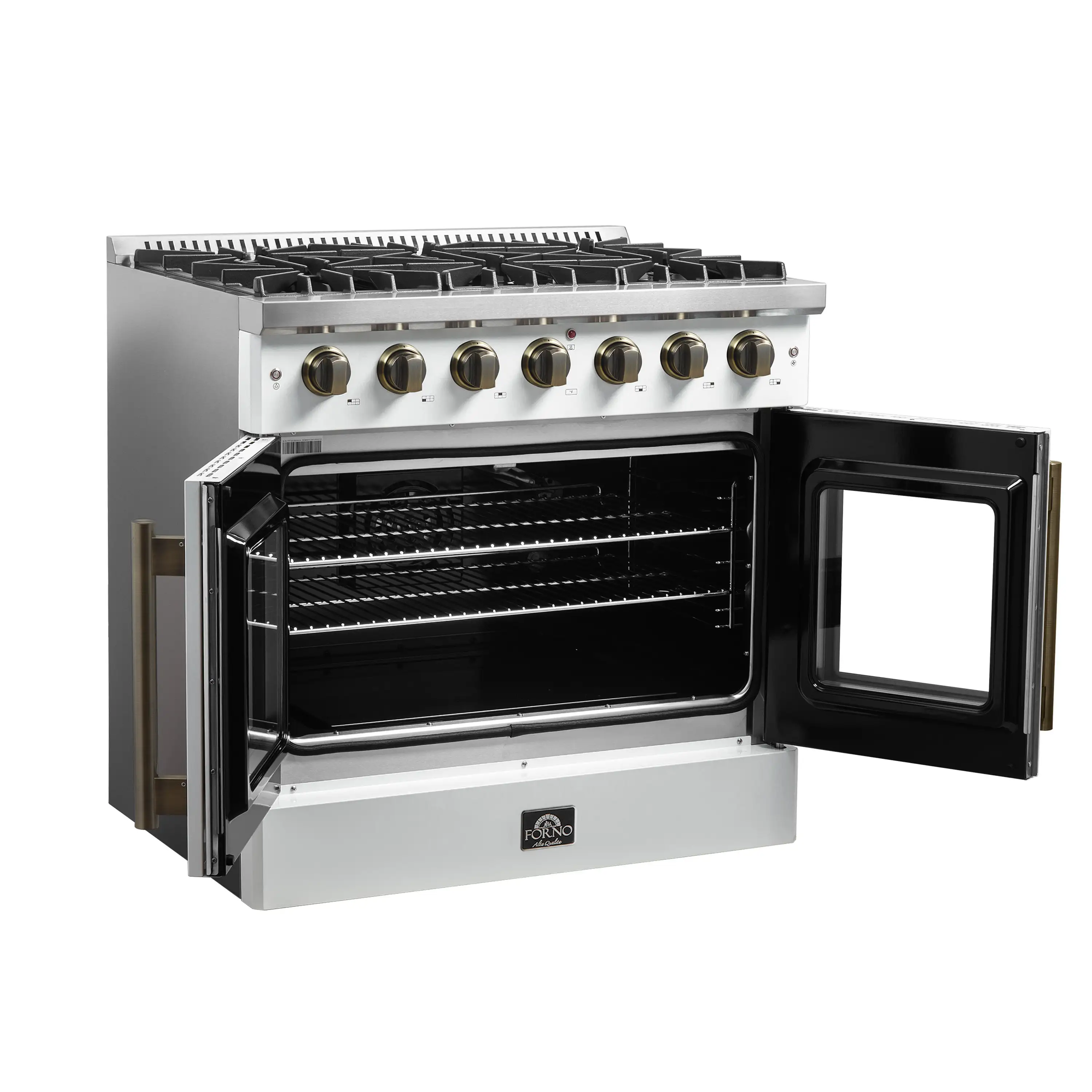 Forno Galiano 36-Inch French Door Gas Range with 6 Burners and 5.36 Cu.Ft. Convection Oven in White with Antique Brass Trim (FFSGS6444-36WHT) - Image 5