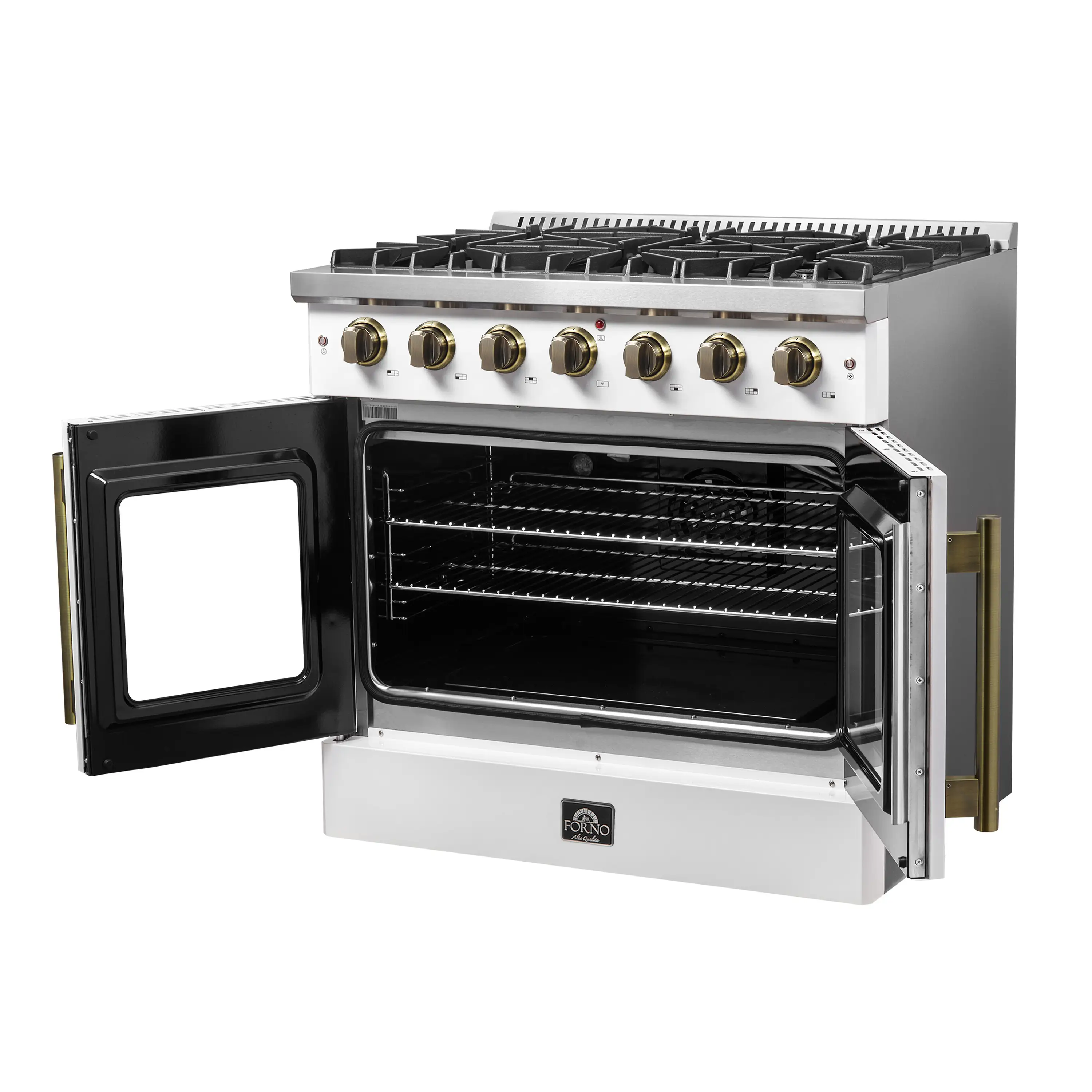Forno Galiano 36-Inch French Door Gas Range with 6 Burners and 5.36 Cu.Ft. Convection Oven in White with Antique Brass Trim (FFSGS6444-36WHT) - Image 6