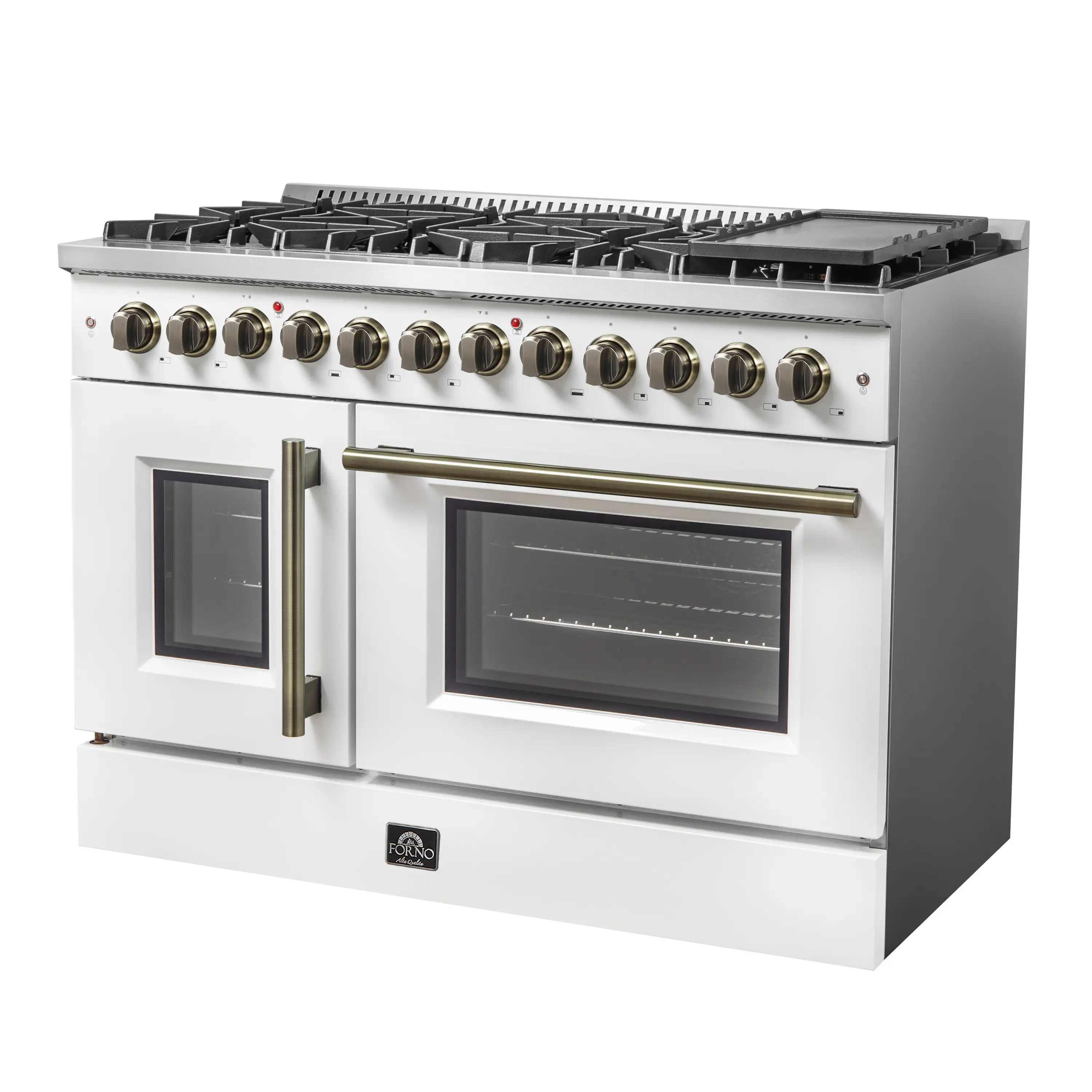 Forno Galiano 48-Inch French Door Dual Fuel Range with 8 Burners and 6.58 Cu. Ft. Electric Convection Oven in White with Antique Brass Handle (FFSGS6356-48WHT) - Image 4