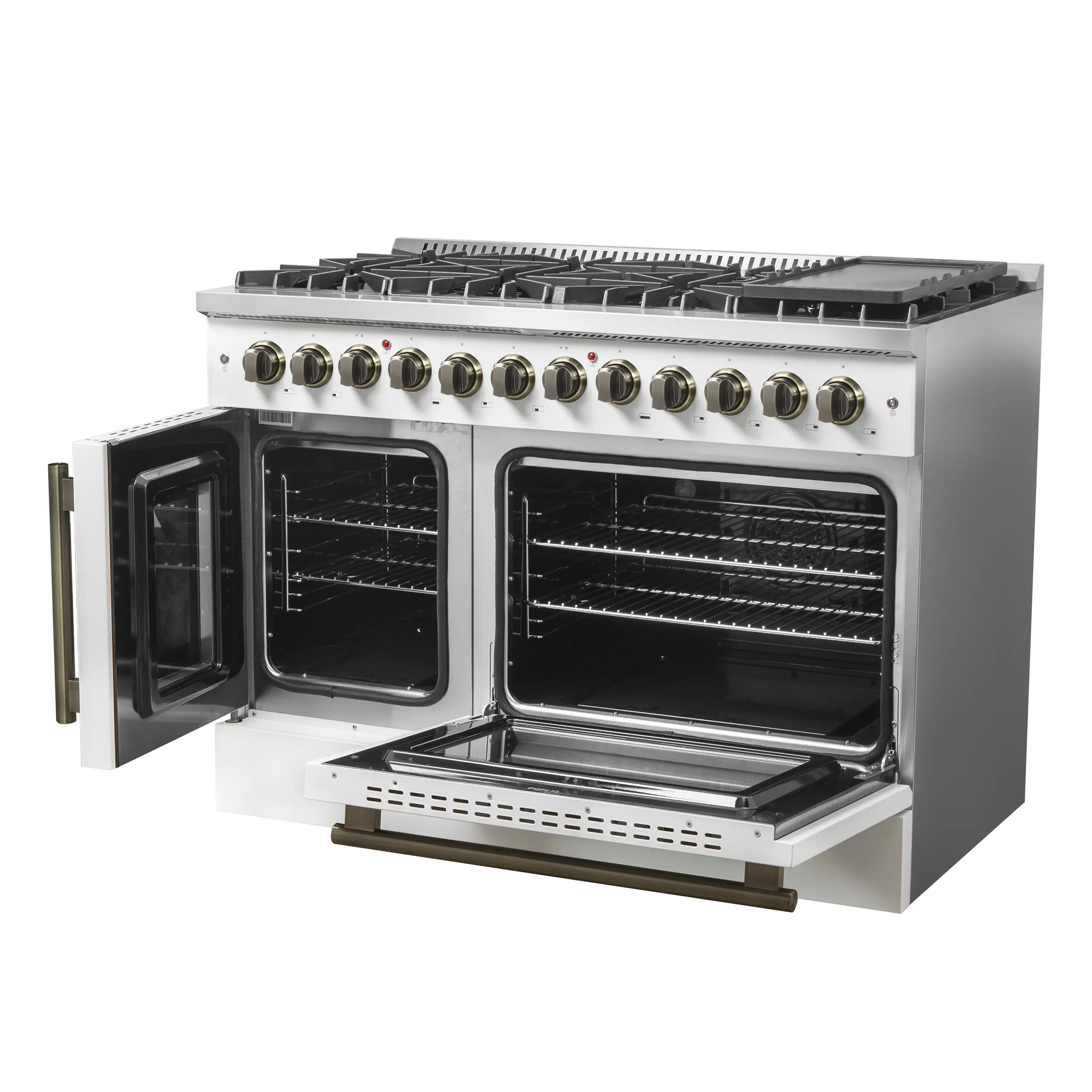 Forno Galiano 48-Inch French Door Dual Fuel Range with 8 Burners and 6.58 Cu. Ft. Electric Convection Oven in White with Antique Brass Handle (FFSGS6356-48WHT) - Image 5