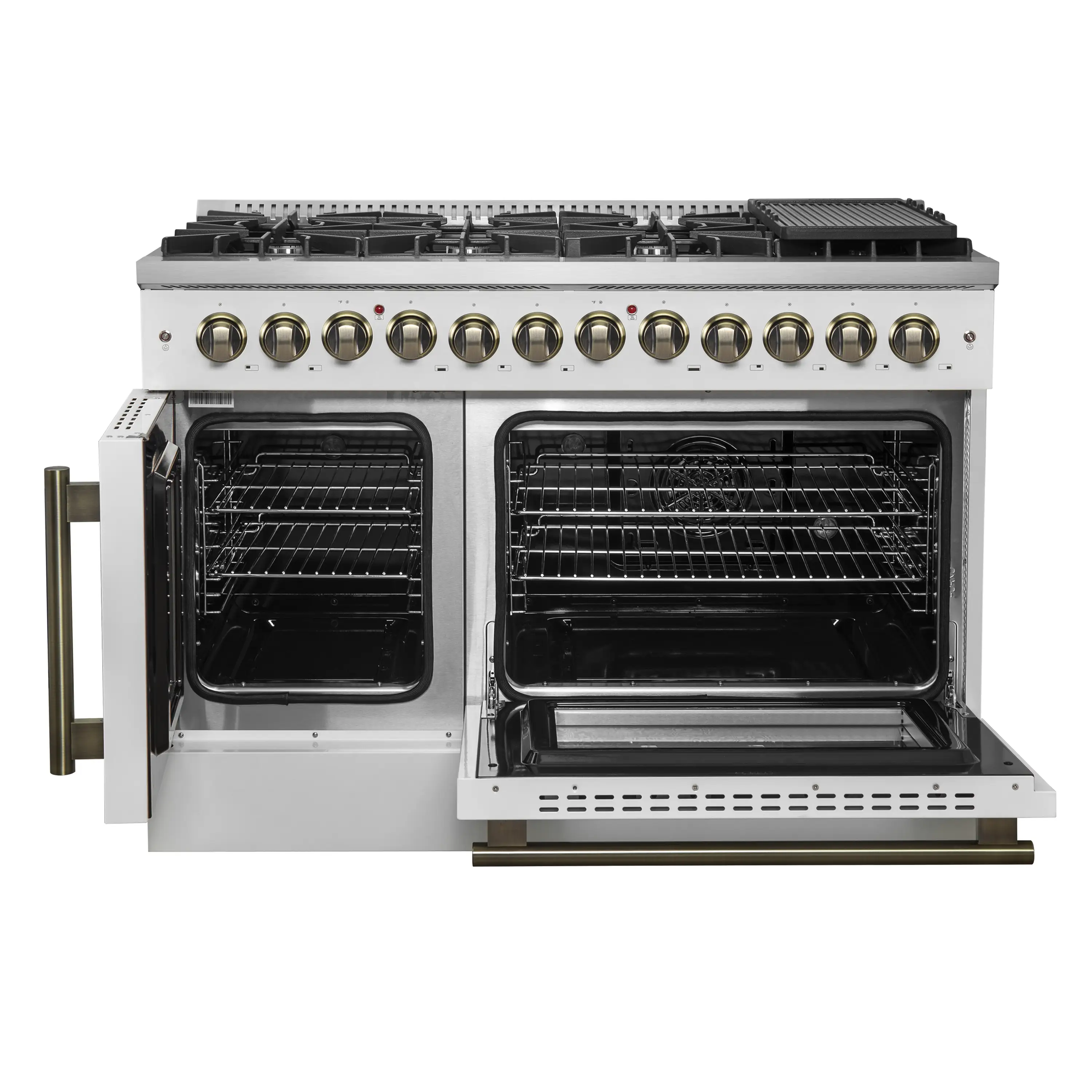 Forno Galiano 48-Inch French Door Dual Fuel Range with 8 Burners and 6.58 Cu. Ft. Electric Convection Oven in White with Antique Brass Handle (FFSGS6356-48WHT) - Image 6